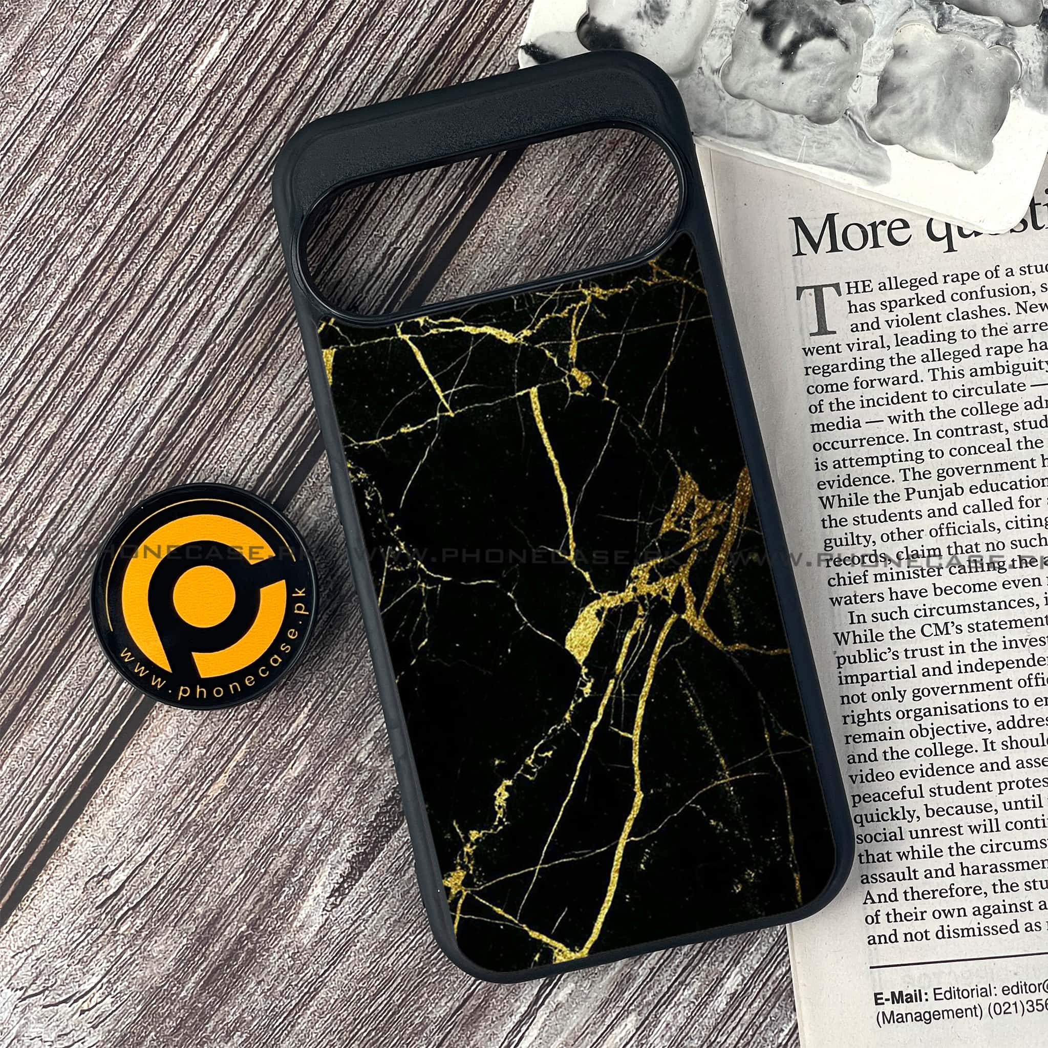 Google Pixel 9 Pro - Black Marble Series - Premium Printed Glass soft Bumper shock Proof Case