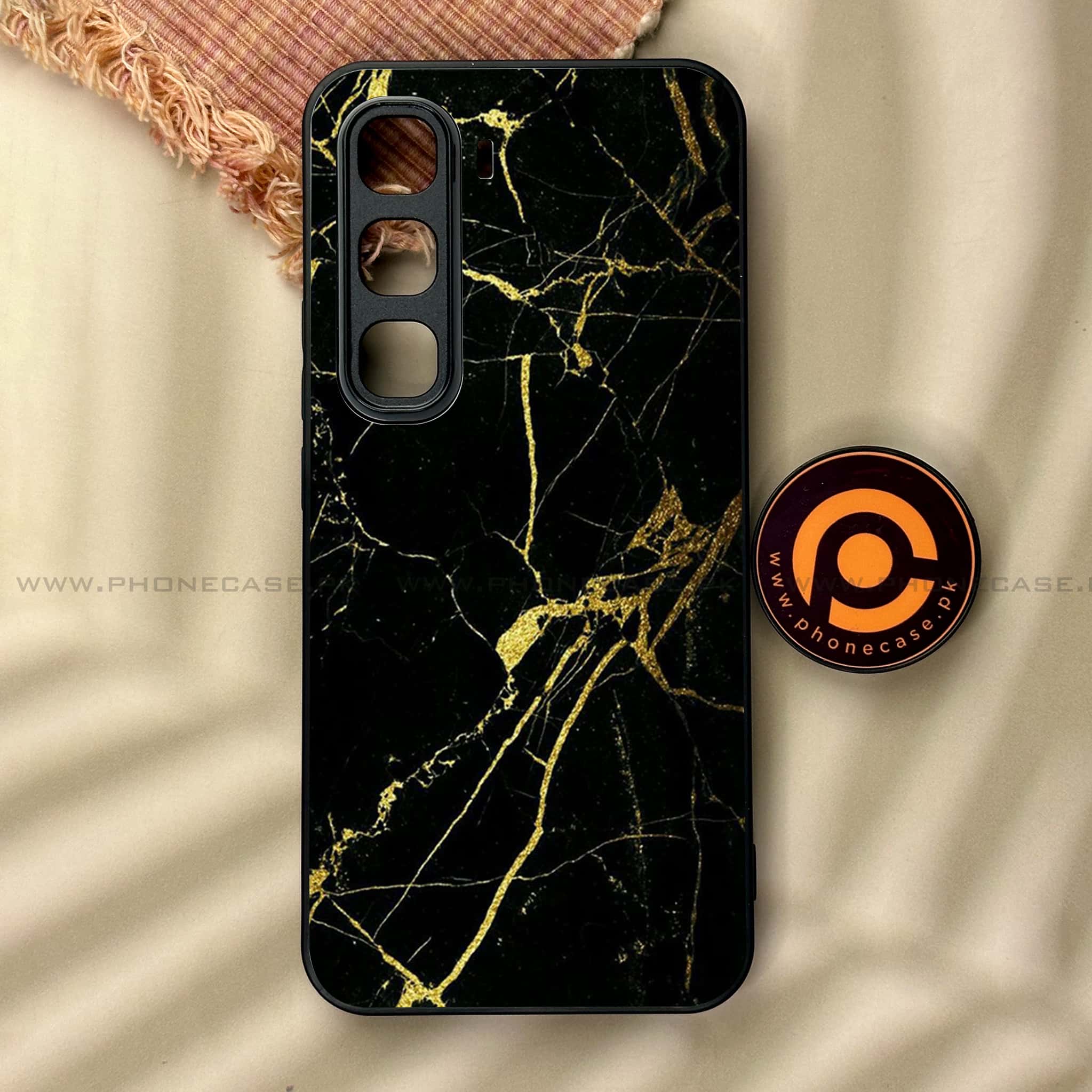 Infinix Hot 60 Pro - Black Marble Series - Premium Metal Printed soft Bumper shock Proof Case