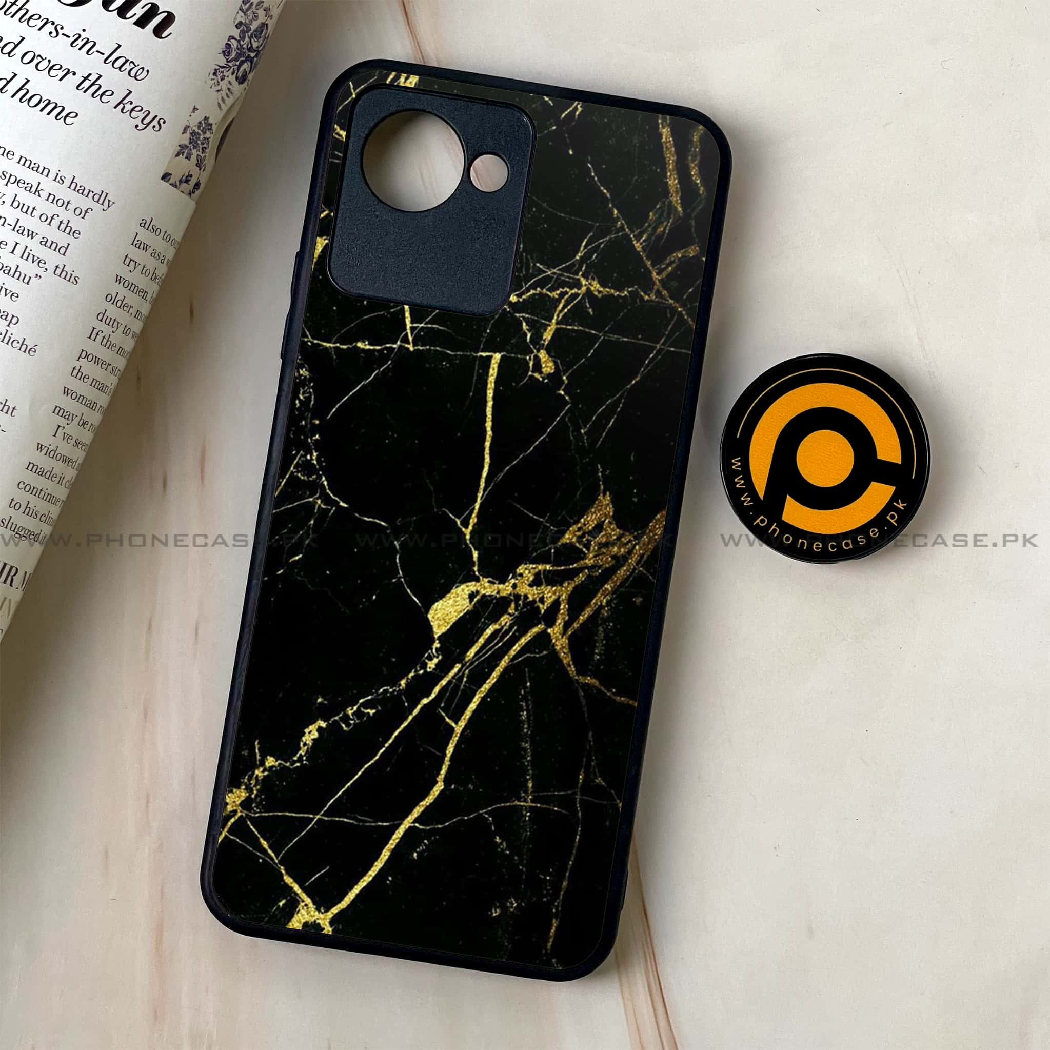 Realme C30 - Black Marble Series - Premium Printed Glass soft Bumper shock Proof Case