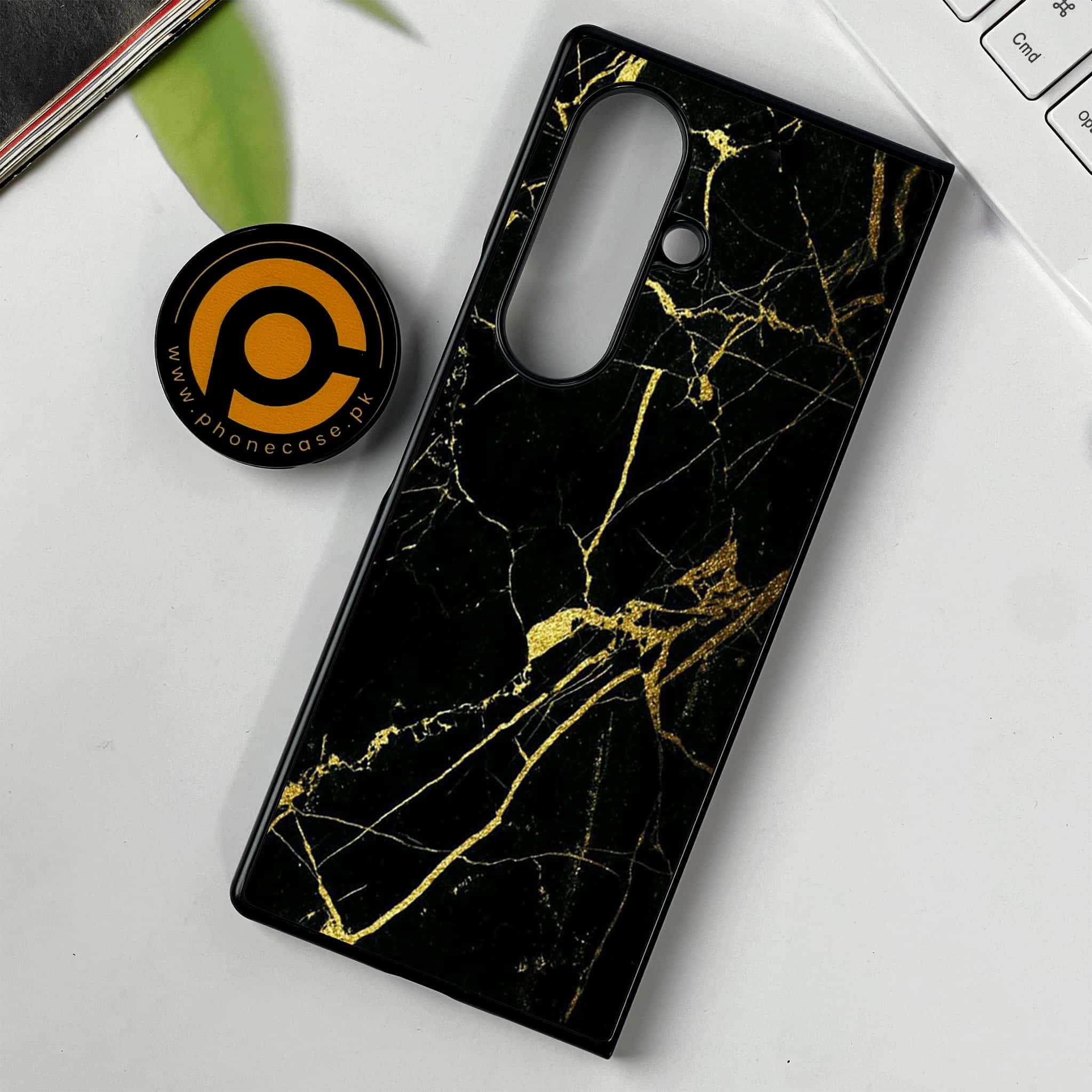 Samsung Galaxy Z Fold 7 - Black Marble Series - Premium Metal Printed soft Bumper shock Proof Case