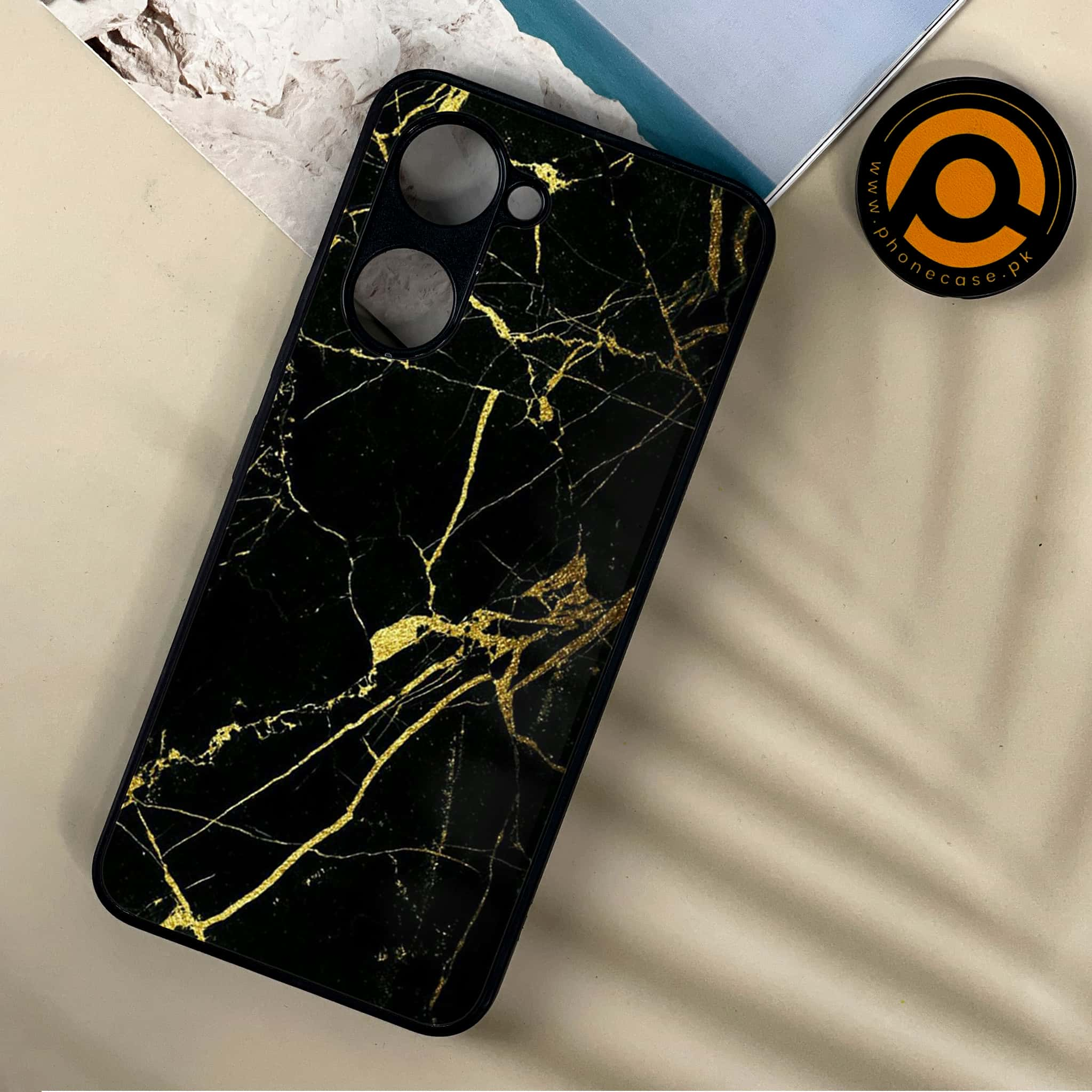 Vivo Y03 - Black Marble Series - Premium Printed Metal soft Bumper shock Proof Case