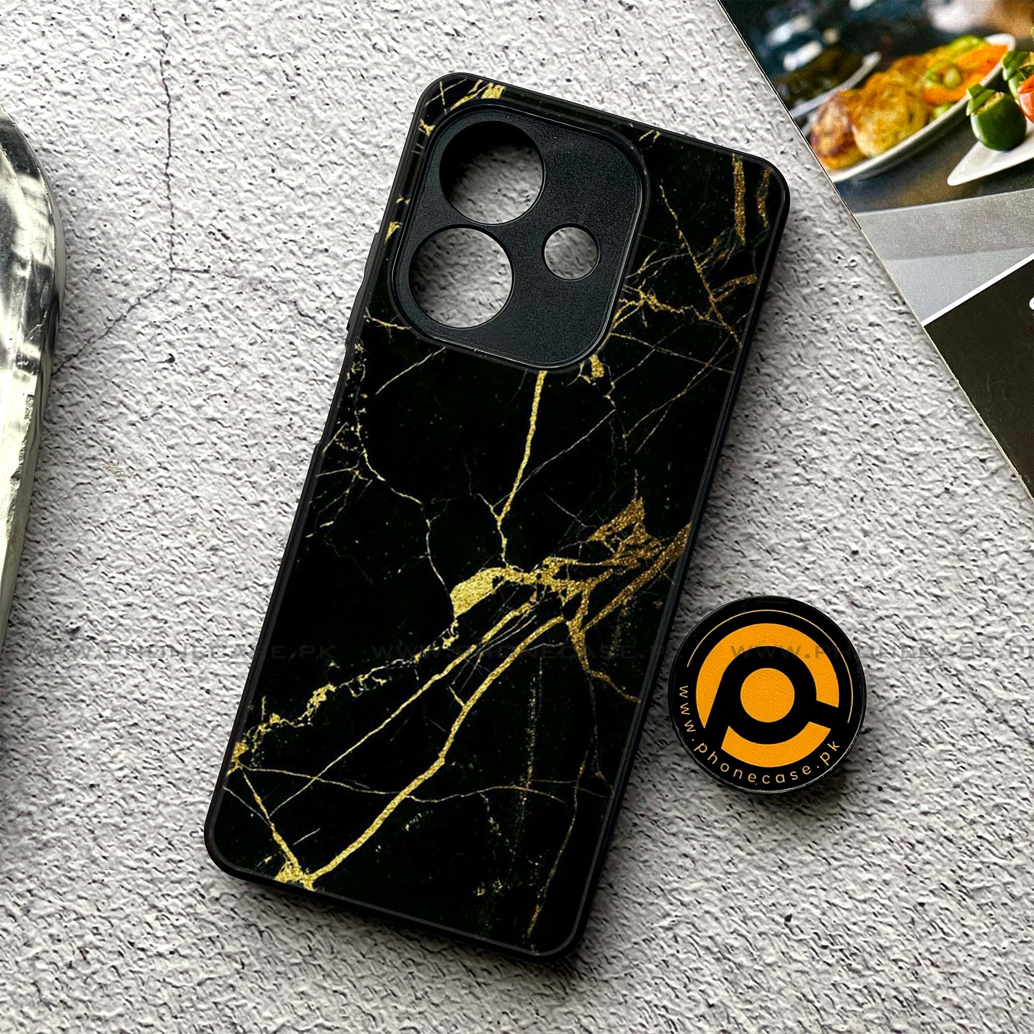 Oppo A5i - Black Marble Series - Premium Metal Printed soft Bumper shock Proof Case