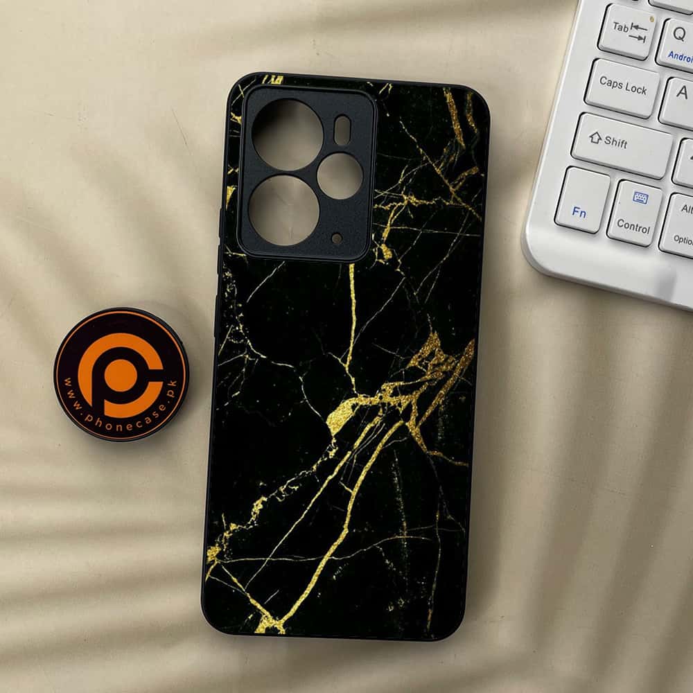 Realme 14 5G - Black Marble Series - Premium Metal Printed soft Bumper Shock Proof Case