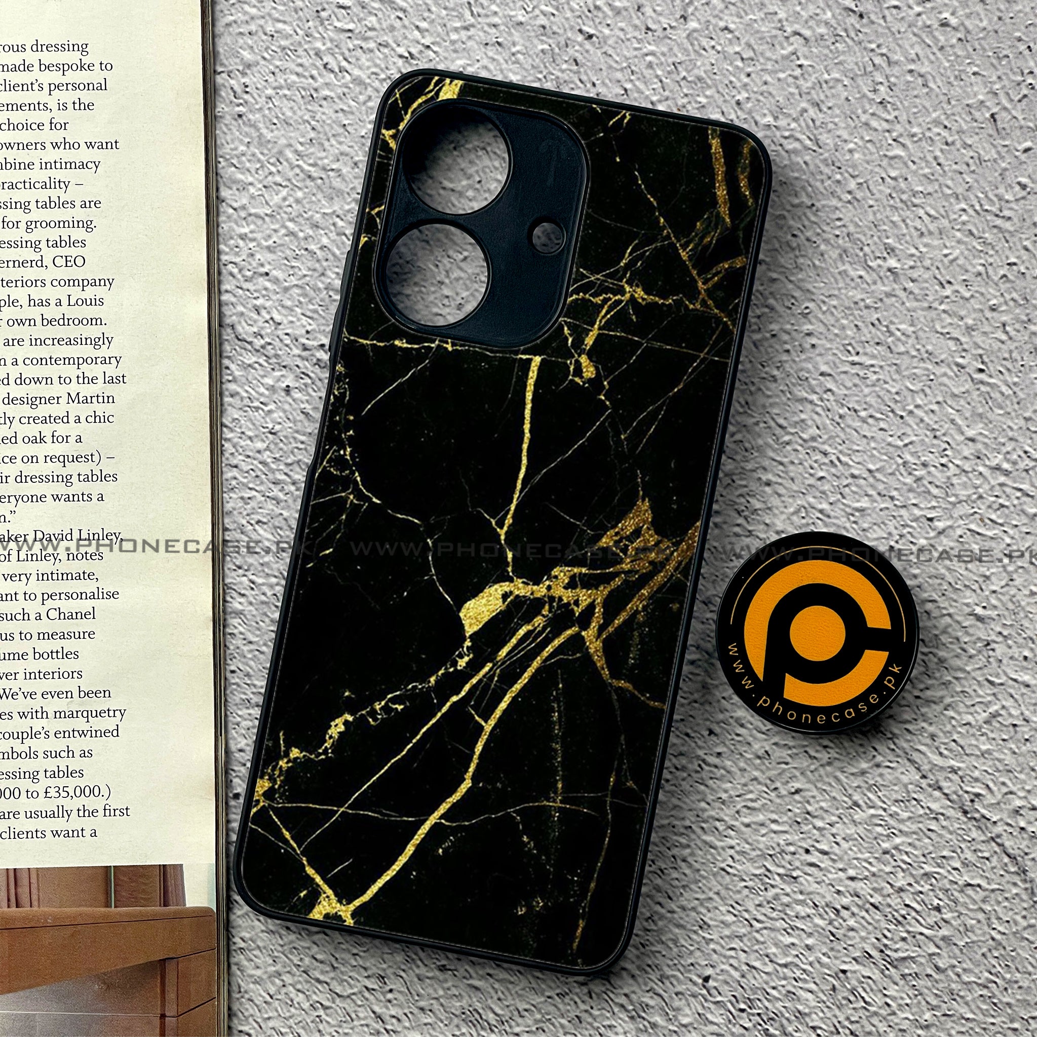 Realme Note 60 - Black Marble Series - Premium Printed Glass soft Bumper shock Proof Case