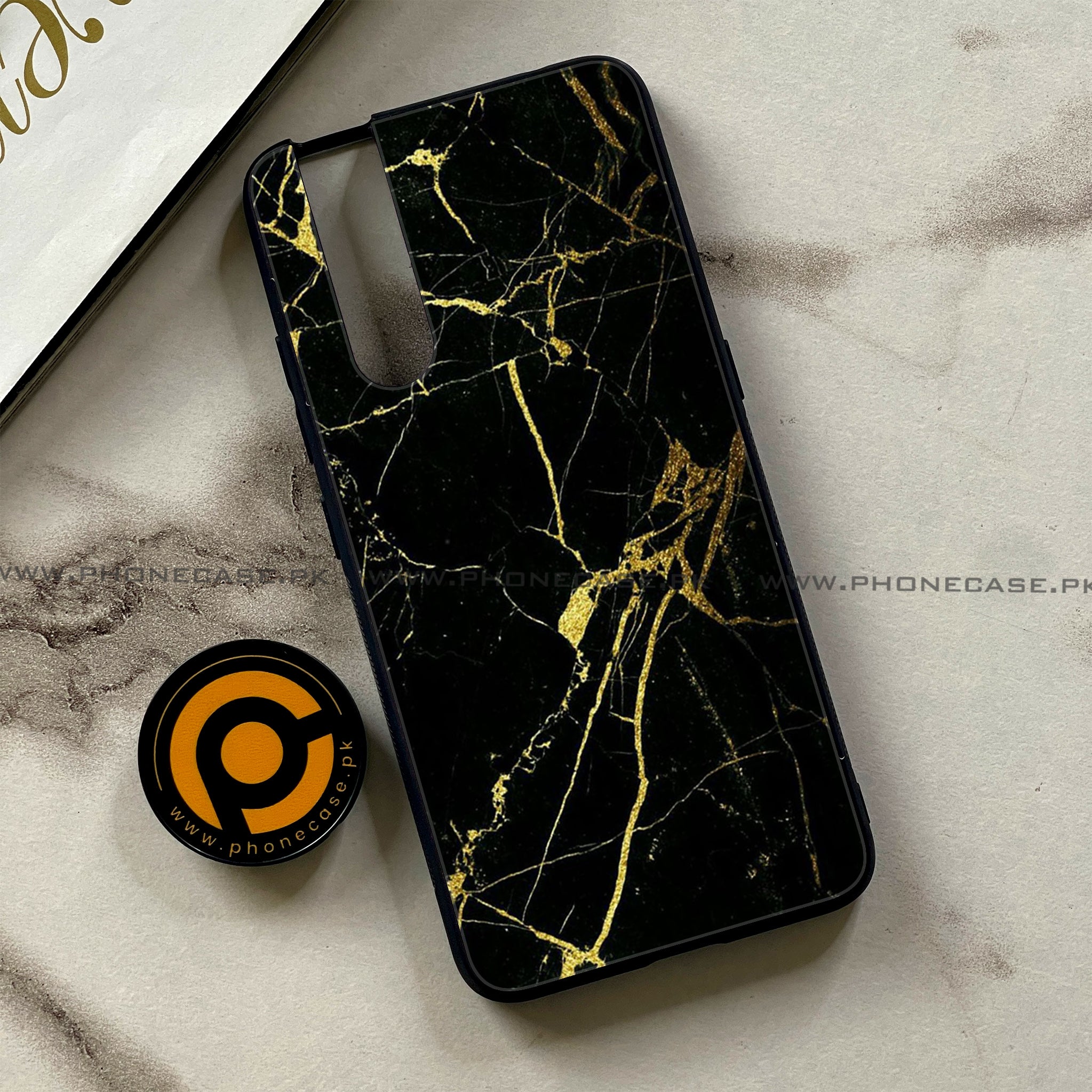 Vivo V15 Pro - Black Marble Series - Premium Printed Glass soft Bumper shock Proof Case