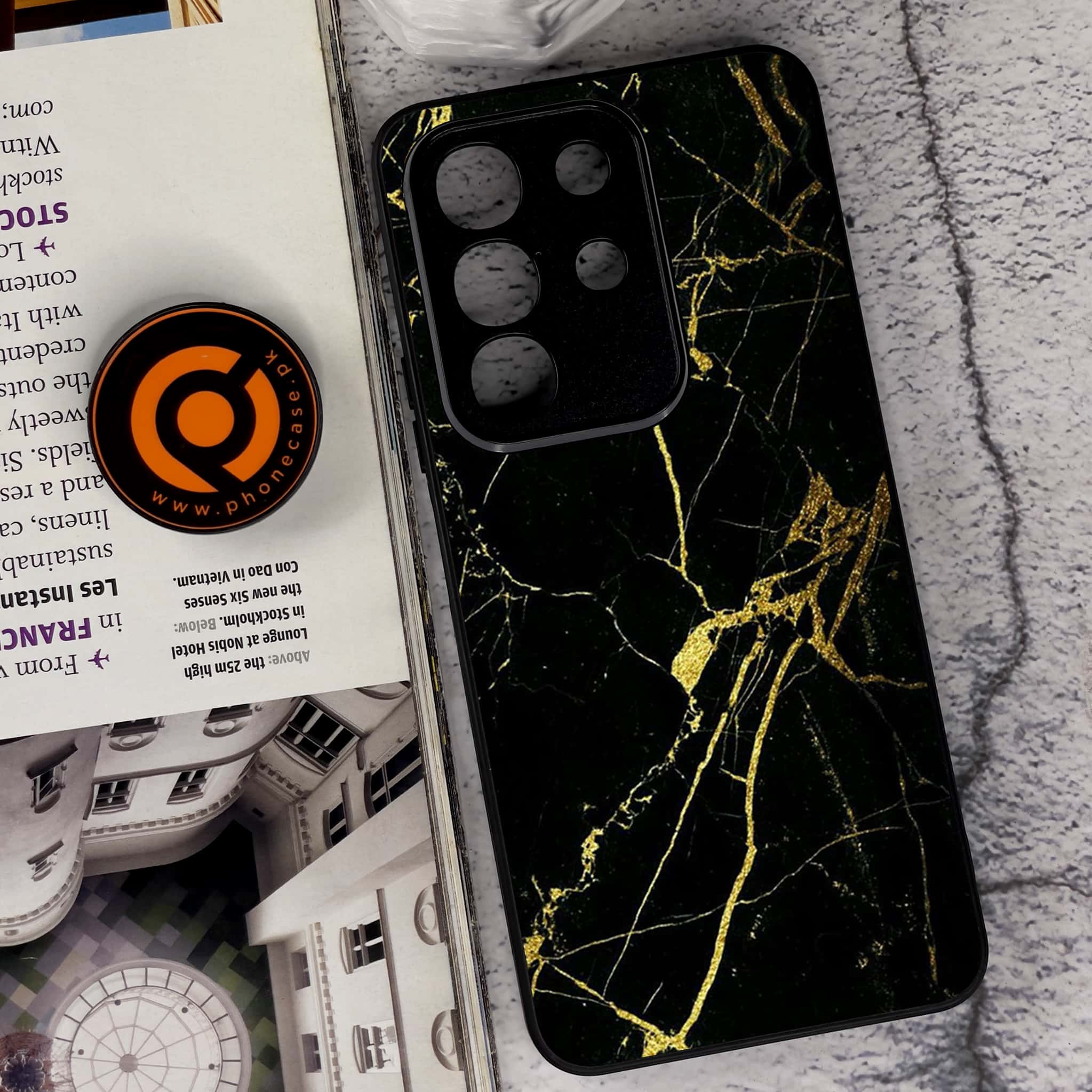 Vivo Y29 4G - Black Marble Series - Premium Metal Printed soft Bumper Shock Proof Case