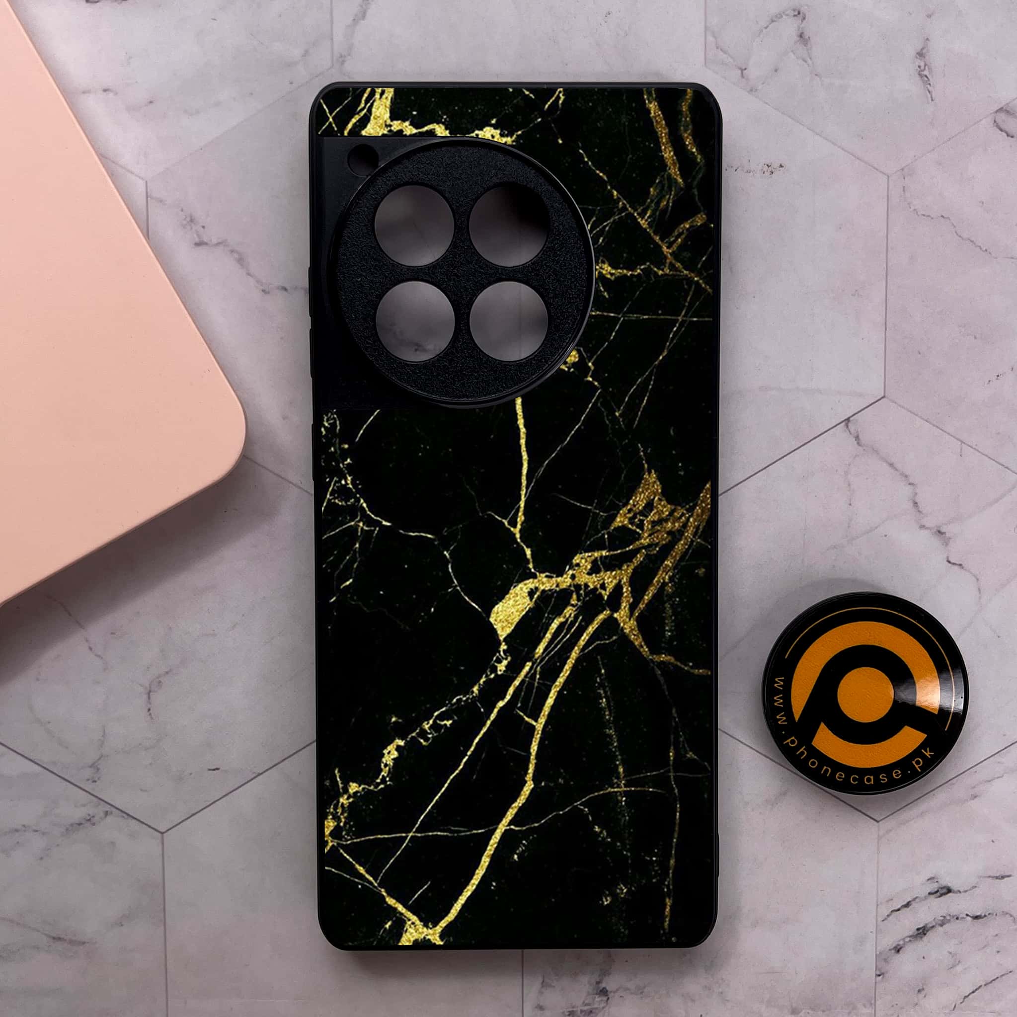 OnePlus 12R - Black Marble Series - Premium Metal Printed soft Bumper shock Proof Case