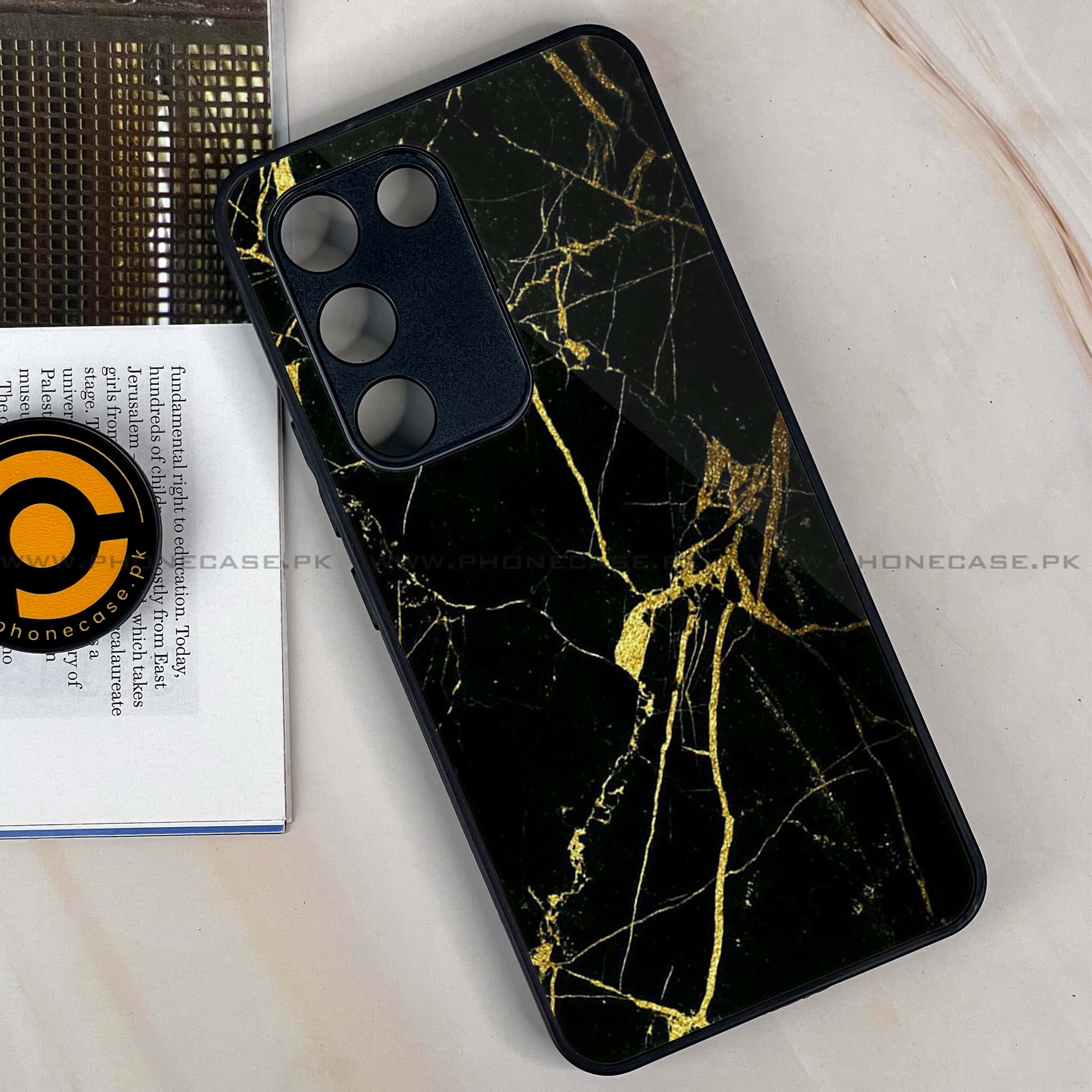 Vivo Y200e - Black Marble Series - Premium Metal Printed soft Bumper shock Proof Case