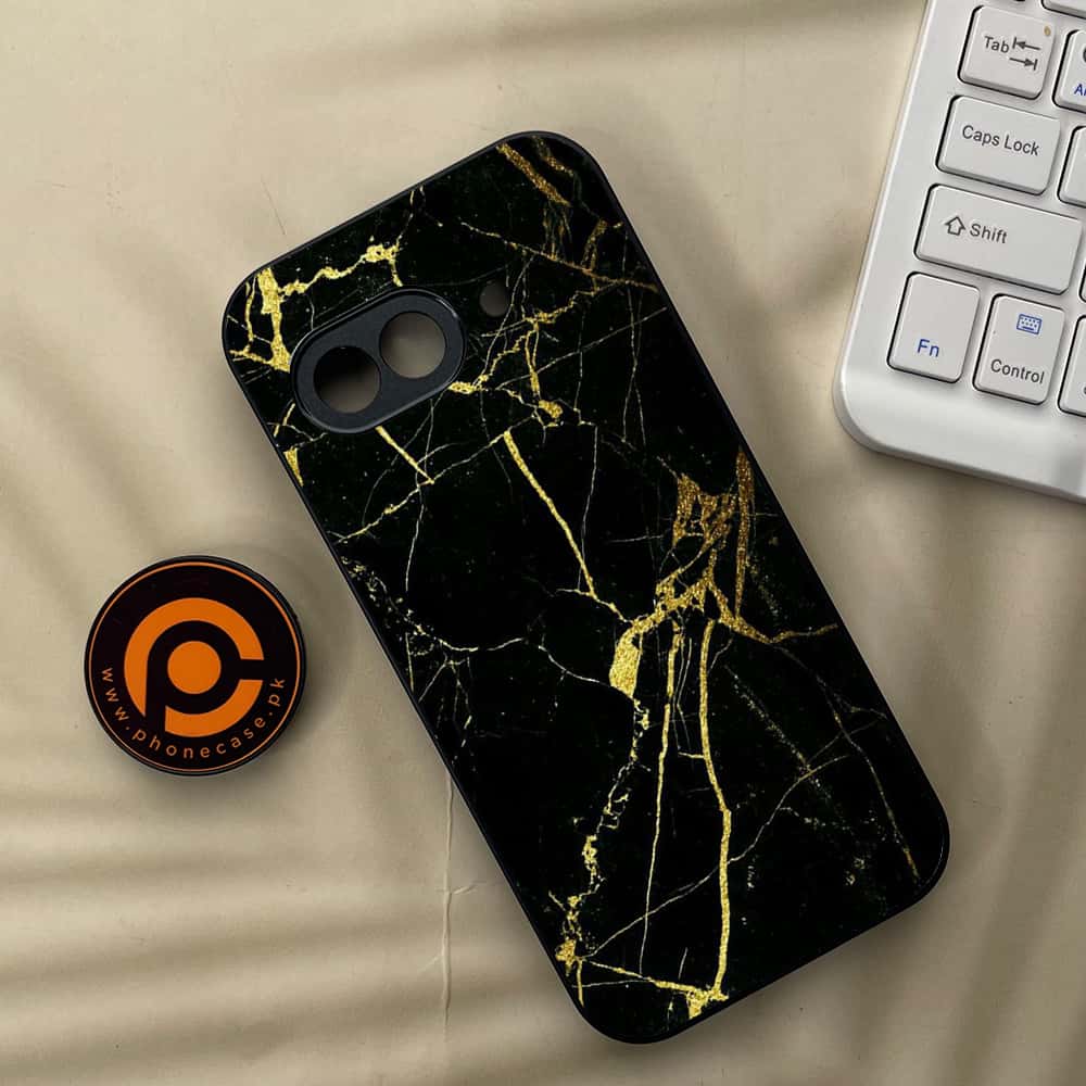 Google Pixel 9a - Black Marble Series - Premium Metal Printed soft Bumper Shock Proof Case