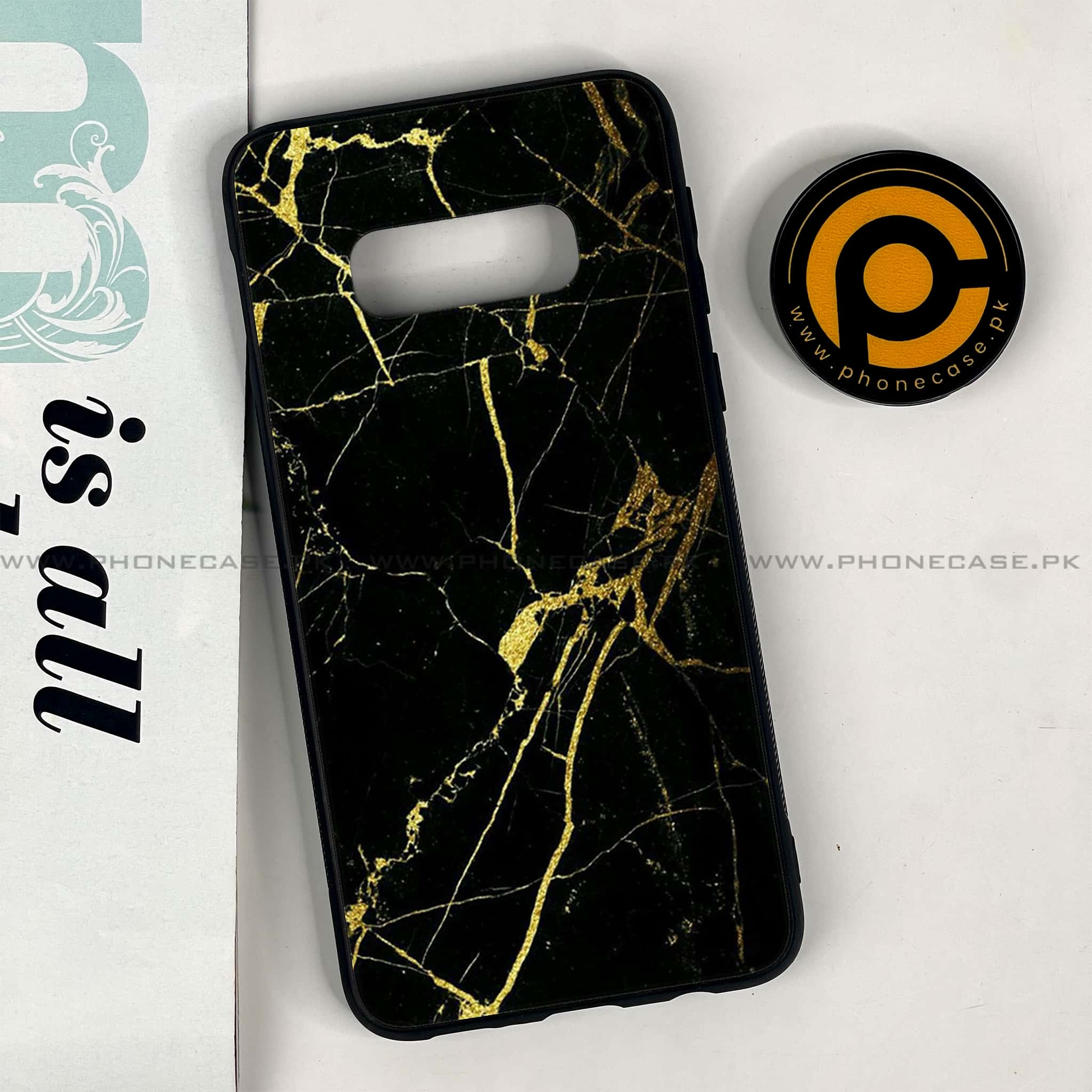 Galaxy S10e - Black Marble Series - Premium Printed Glass soft Bumper shock Proof Case