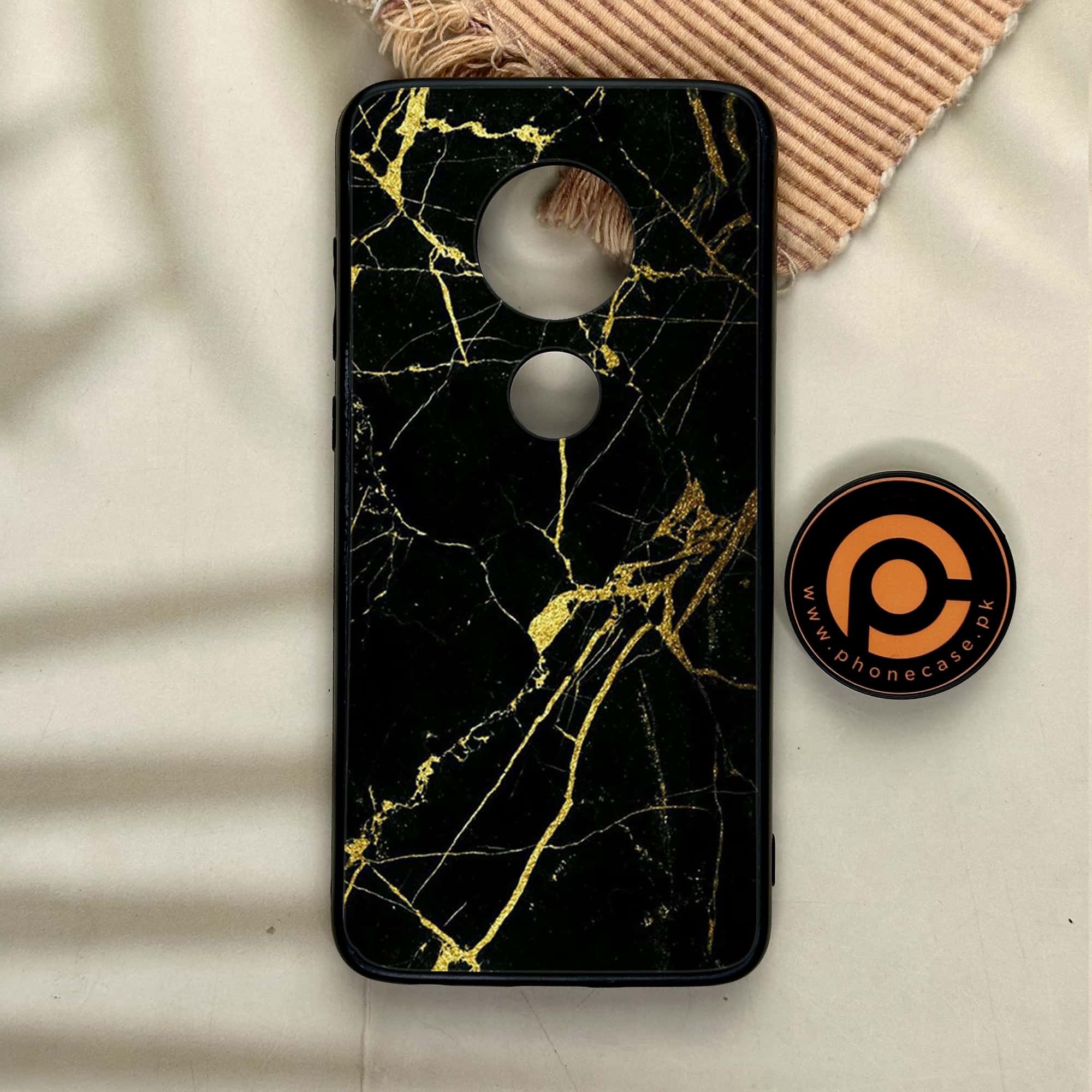 Moto G7 - Black Marble Series - Premium Printed Glass soft Bumper shock Proof Case