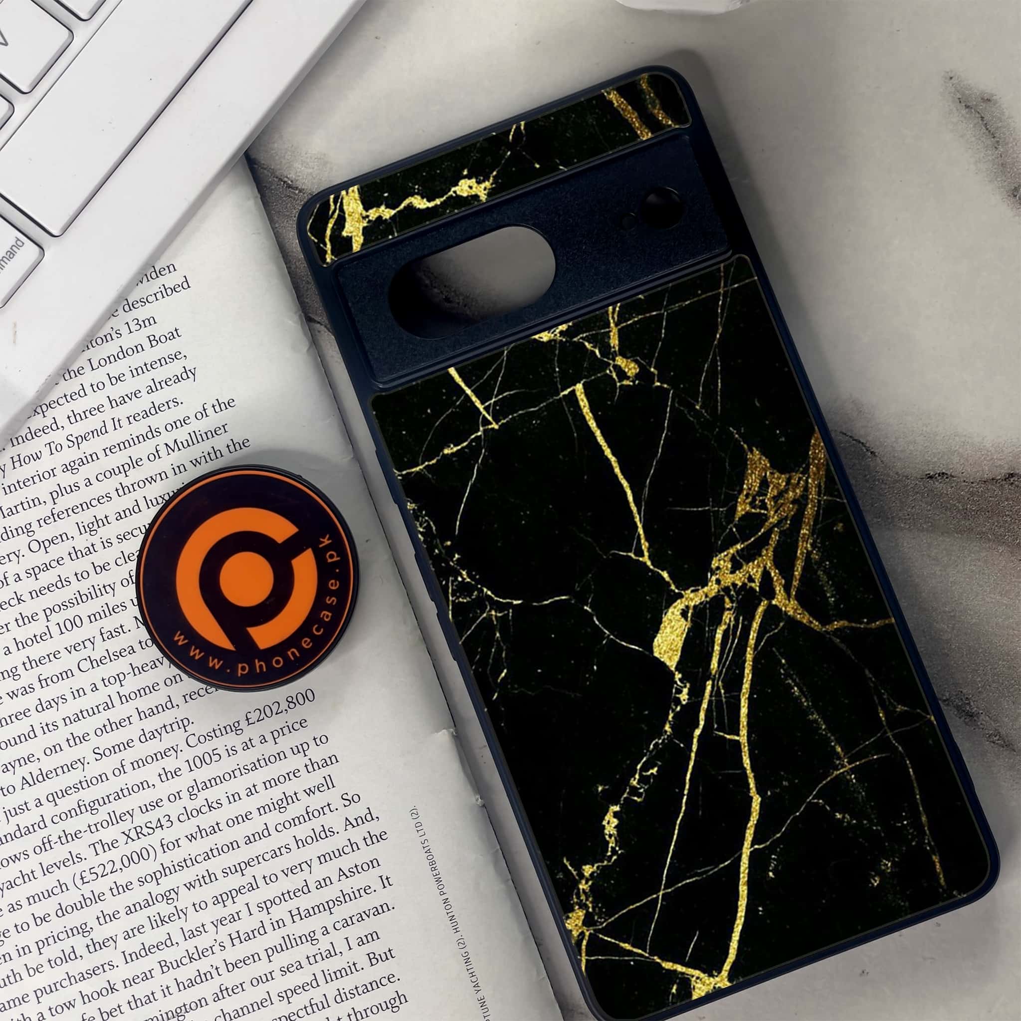 Google Pixel 7 - Black Marble Series - Premium Metal Printed soft Bumper Shock Proof Case