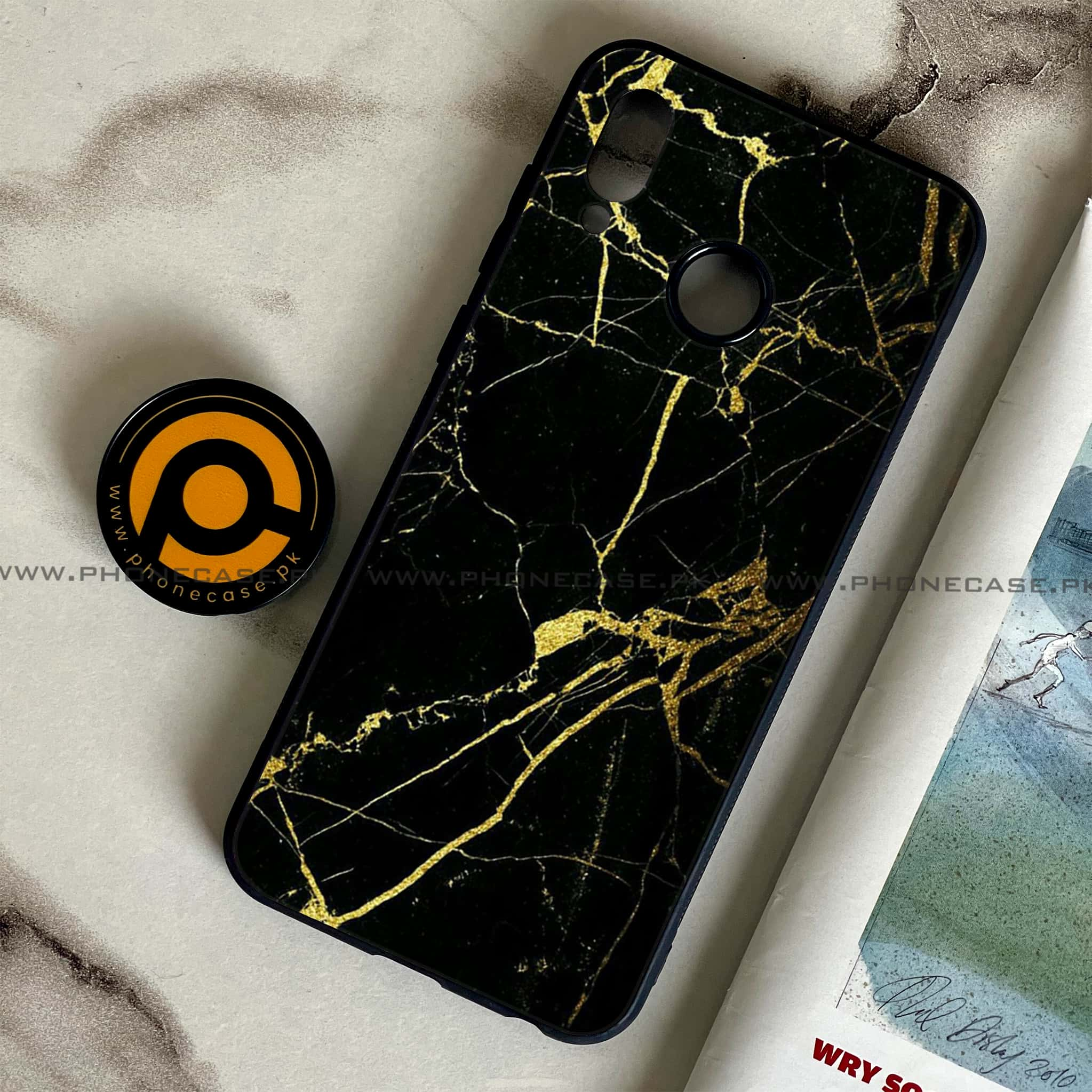 Huawei Honor Play - Black Marble Series - Premium Printed Glass soft Bumper shock Proof Case