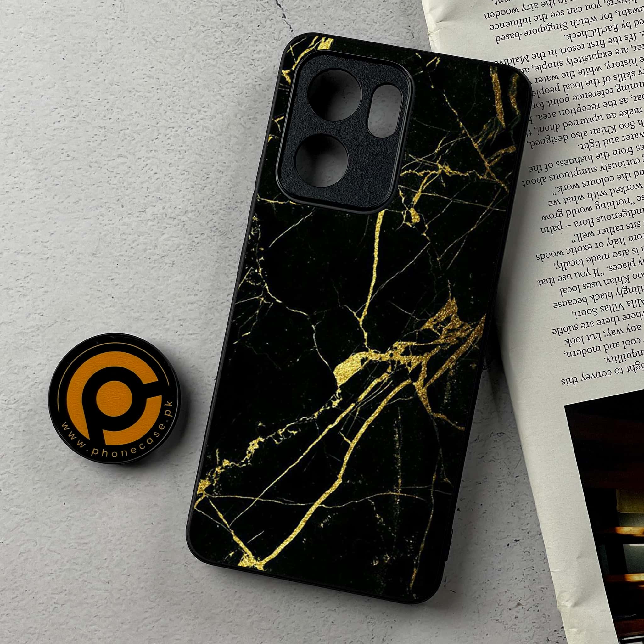 Oppo Reno 13F - Black Marble Series - Premium Metal Printed Soft Bumper Shockproof Case