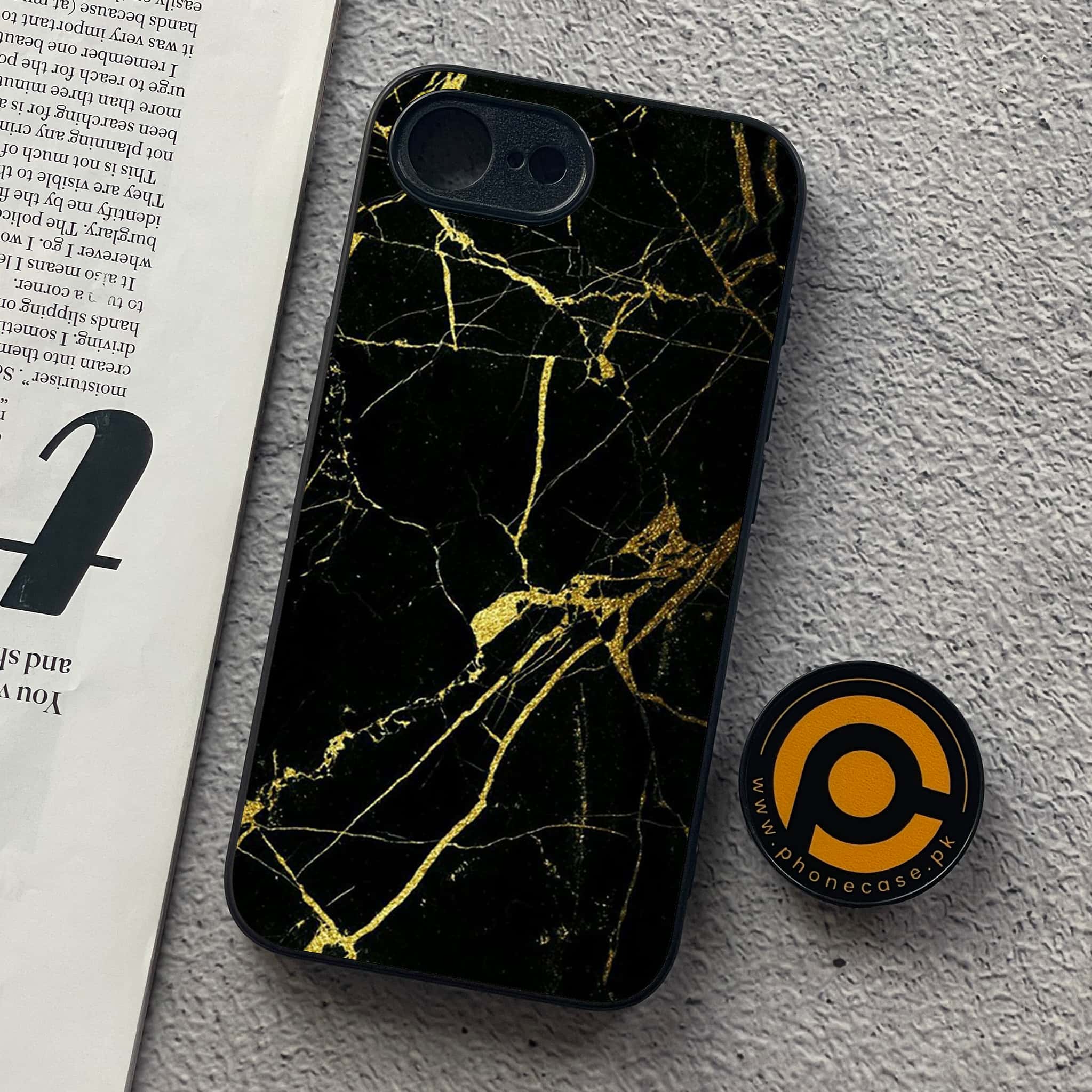 iPhone 16e - Black Marble Series - Premium Metal  Printed soft Bumper shock Proof Case