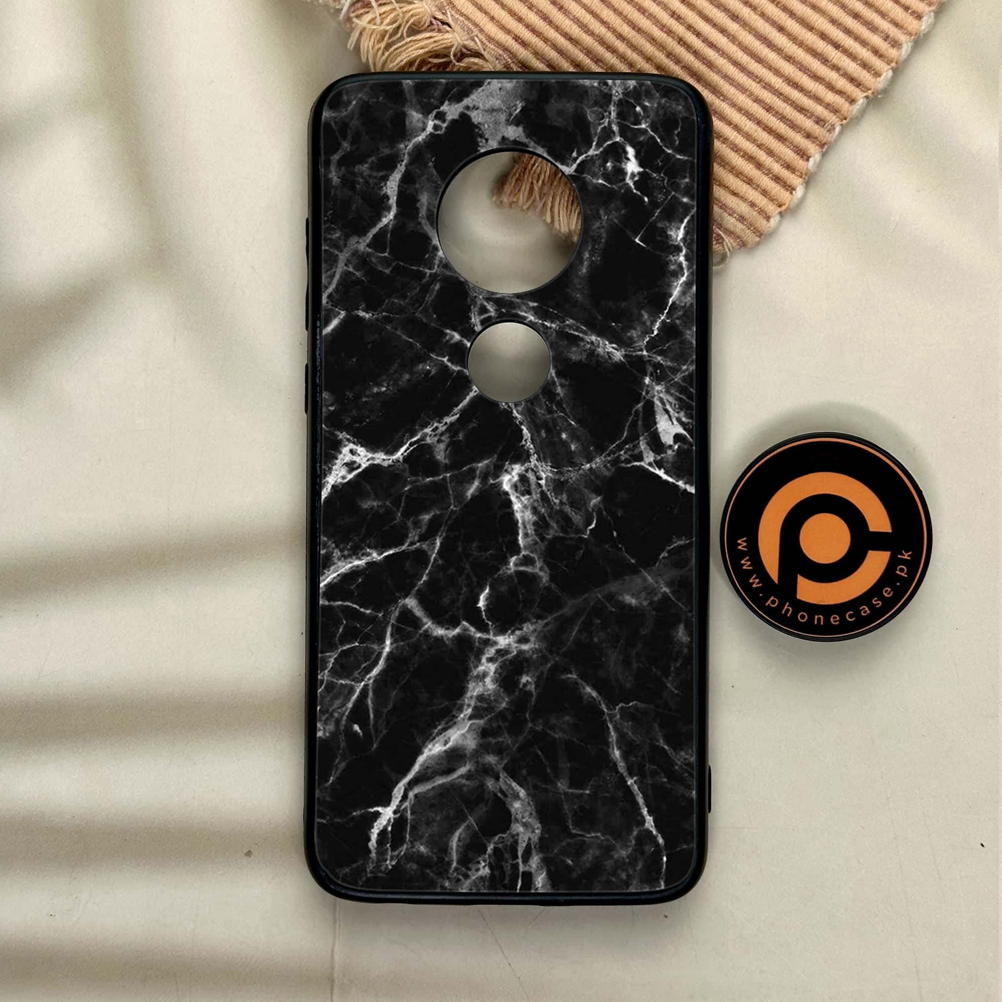 Moto G7 - Black Marble Series - Premium Printed Glass soft Bumper shock Proof Case