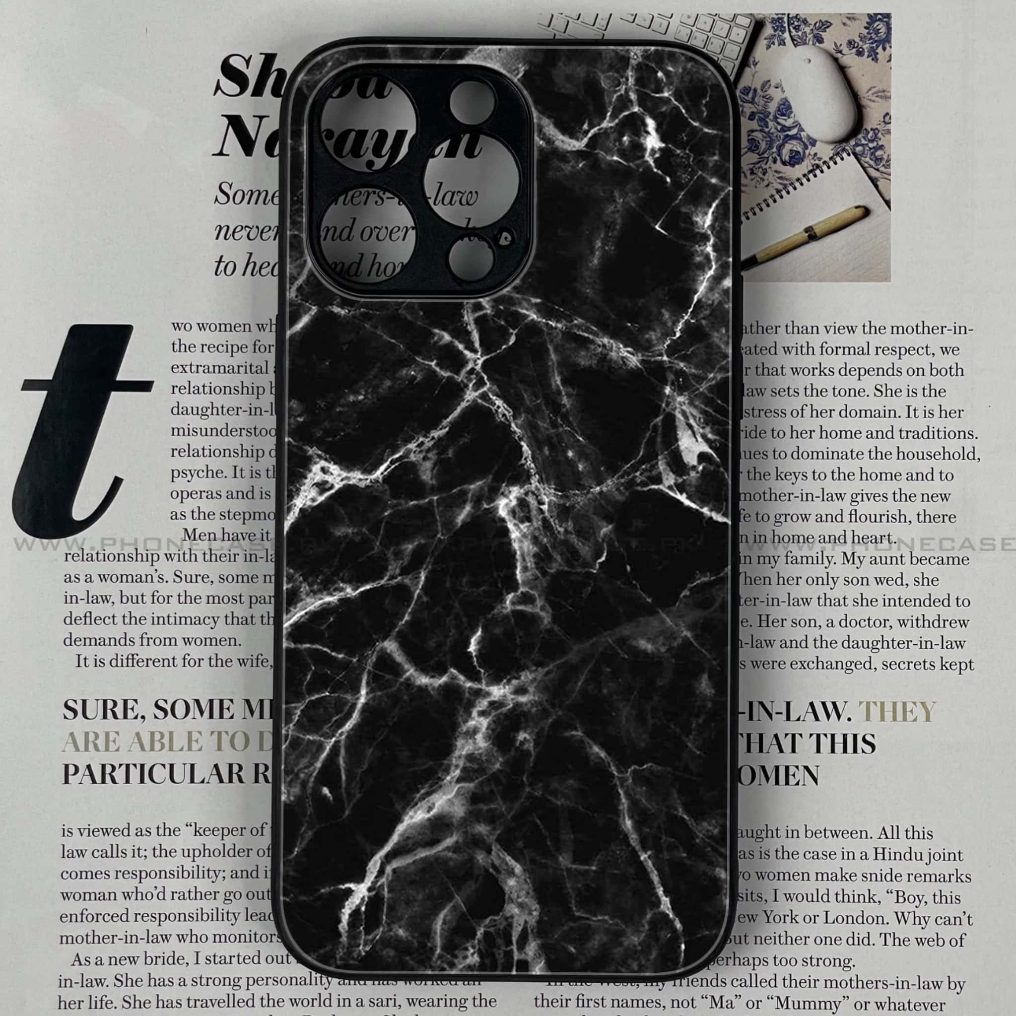 iPhone 15 Pro Max - Black Marble Series - Premium Printed Glass soft Bumper shock Proof Case