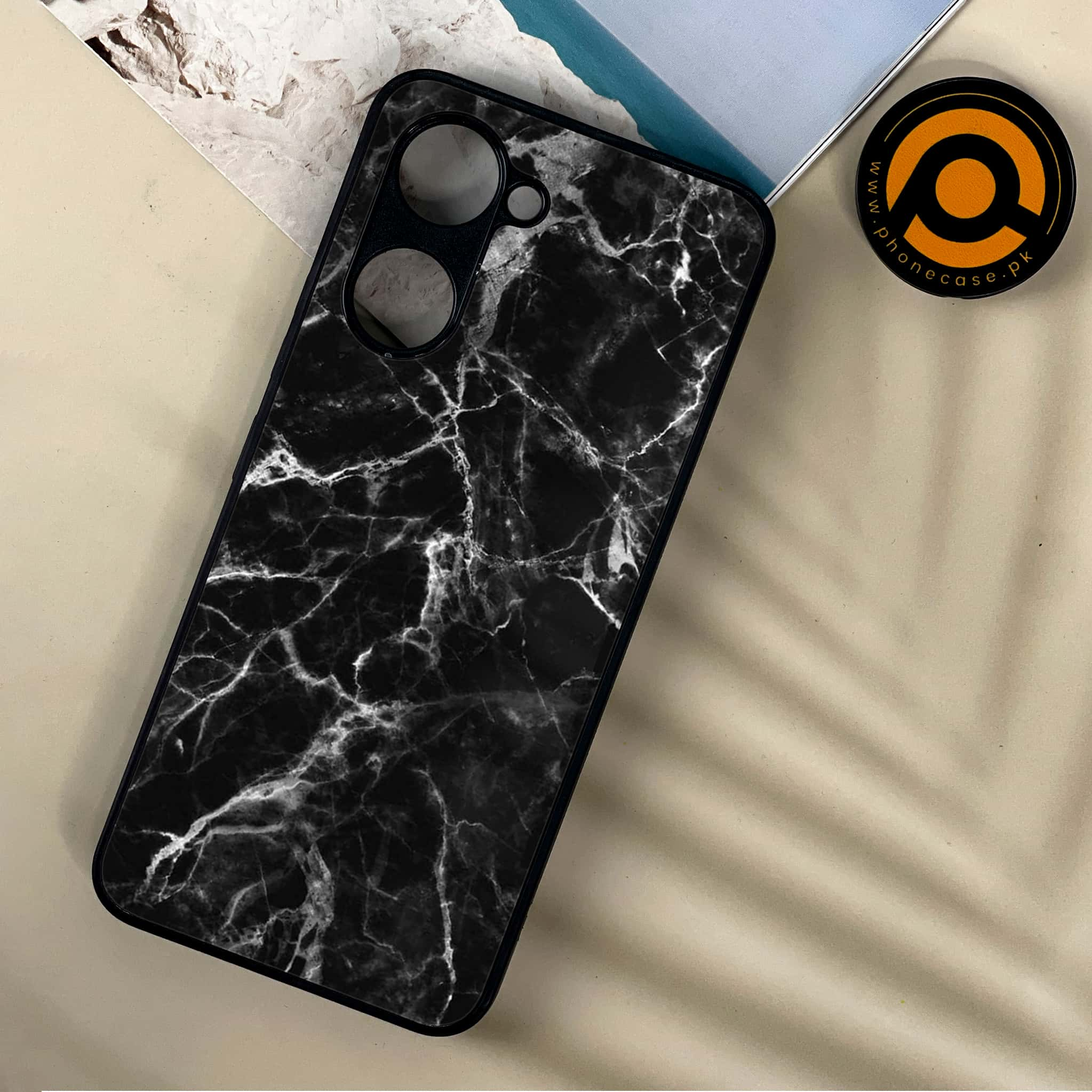 Vivo Y03 - Black Marble Series - Premium Printed Metal soft Bumper shock Proof Case