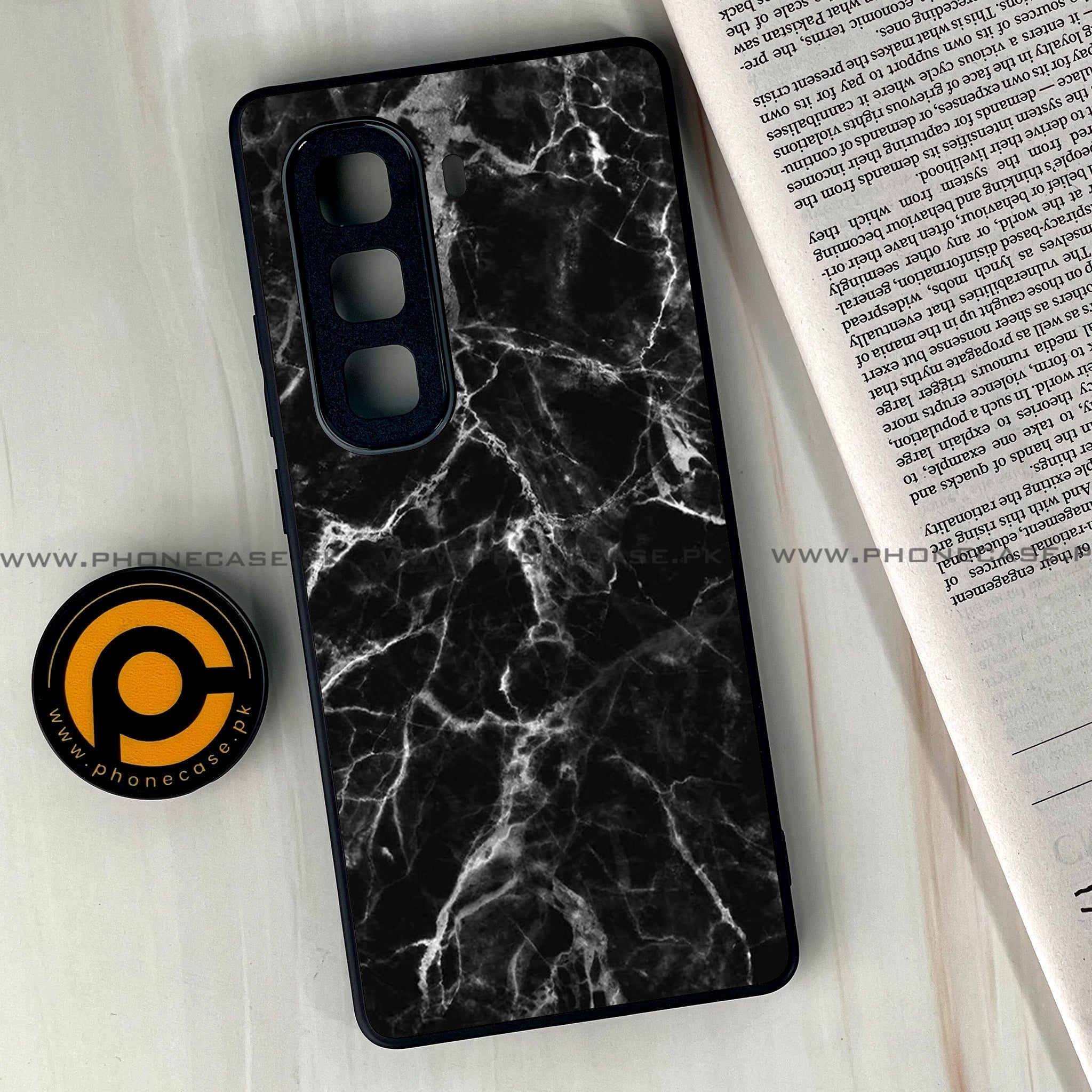 Infinix Hot 60  - Black Marble Series - Premium Metal Printed soft Bumper shock Proof Case