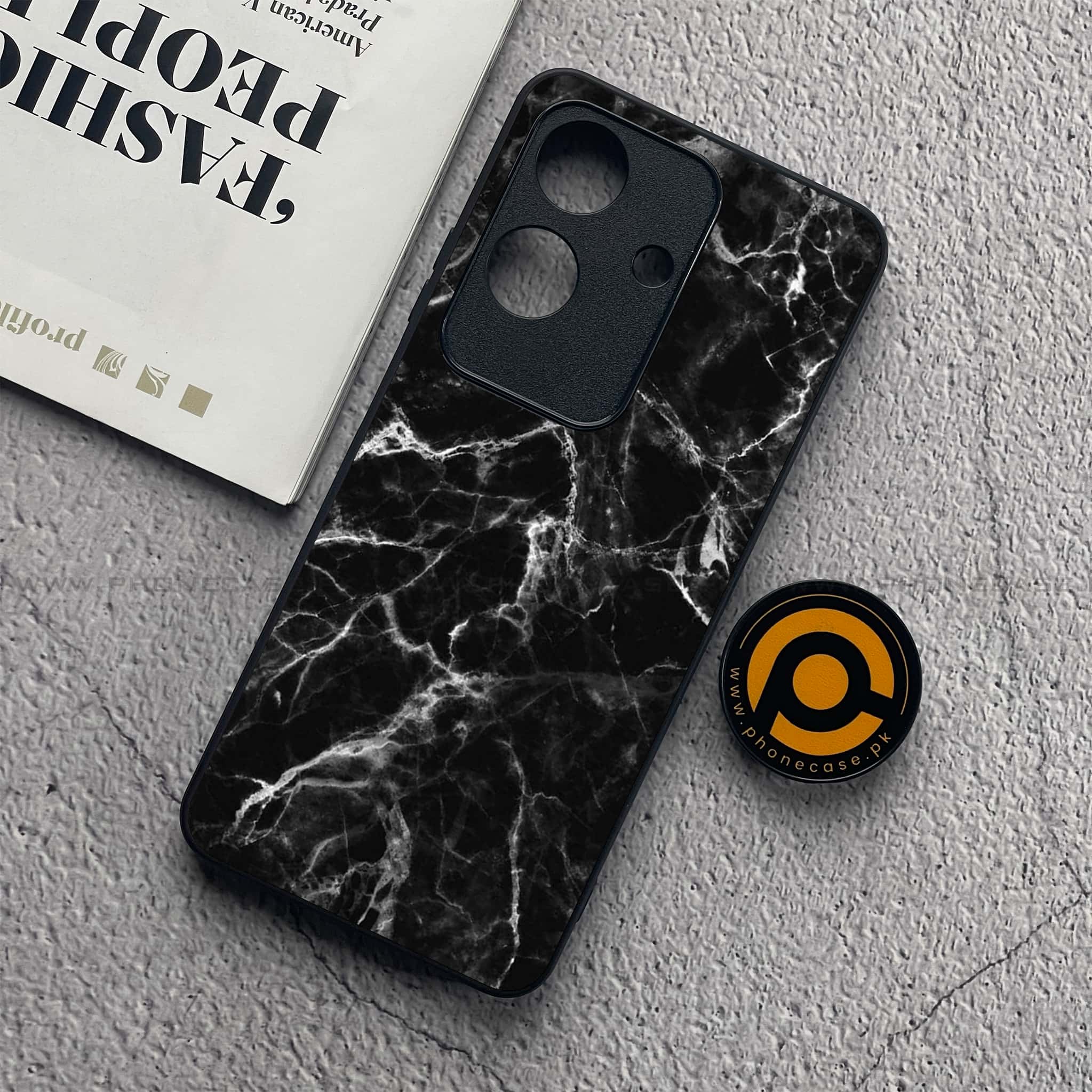 Realme Note 60x - Black Marble Series - Premium Metal  Printed soft Bumper shock Proof Case