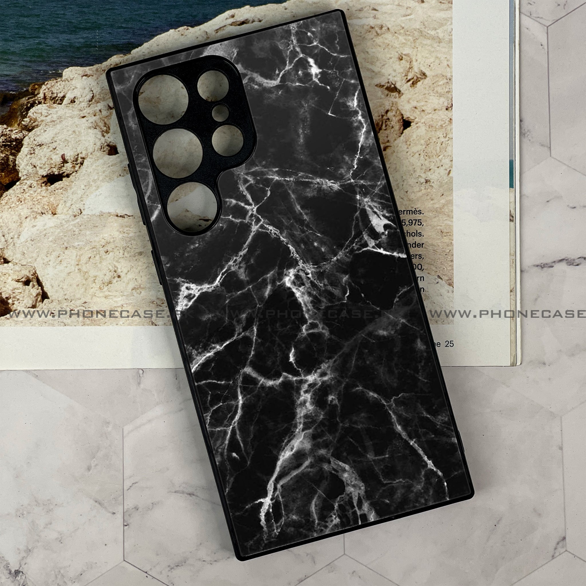 Samsung Galaxy S22 Ultra - Black Marble Series - Premium Printed Glass soft Bumper shock Proof Case