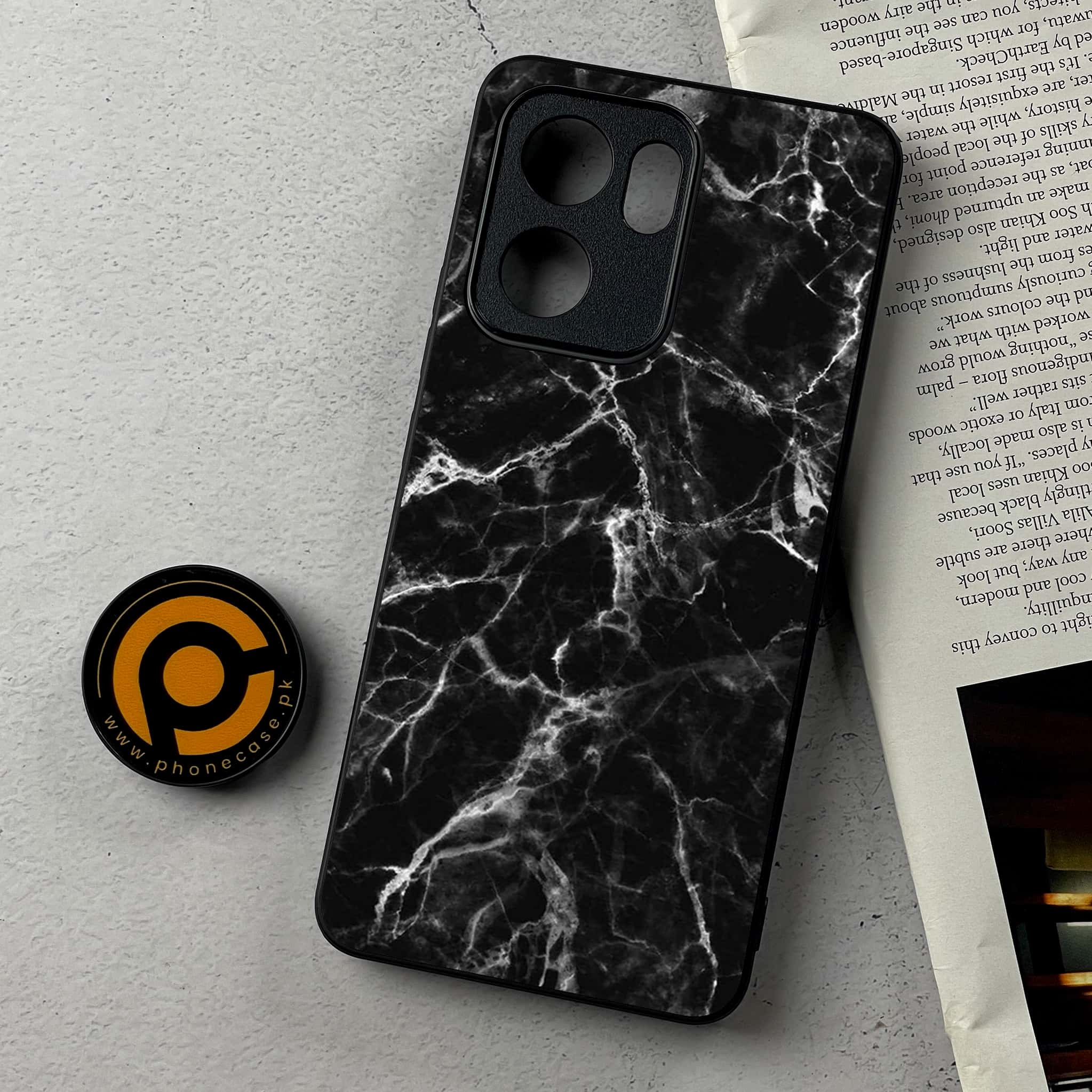 Oppo Reno 13F - Black Marble Series - Premium Metal Printed Soft Bumper Shockproof Case