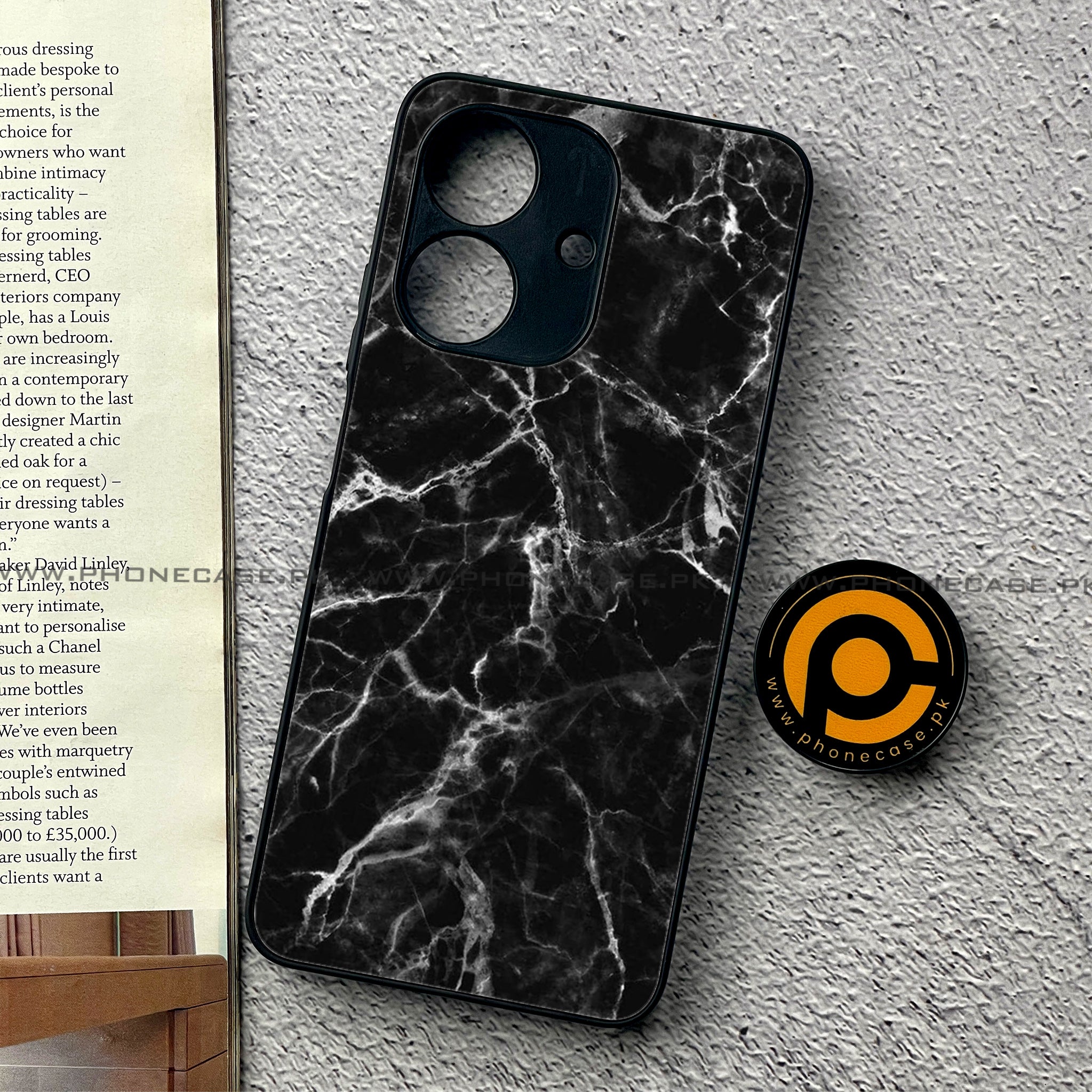 Realme Note 60 - Black Marble Series - Premium Printed Glass soft Bumper shock Proof Case