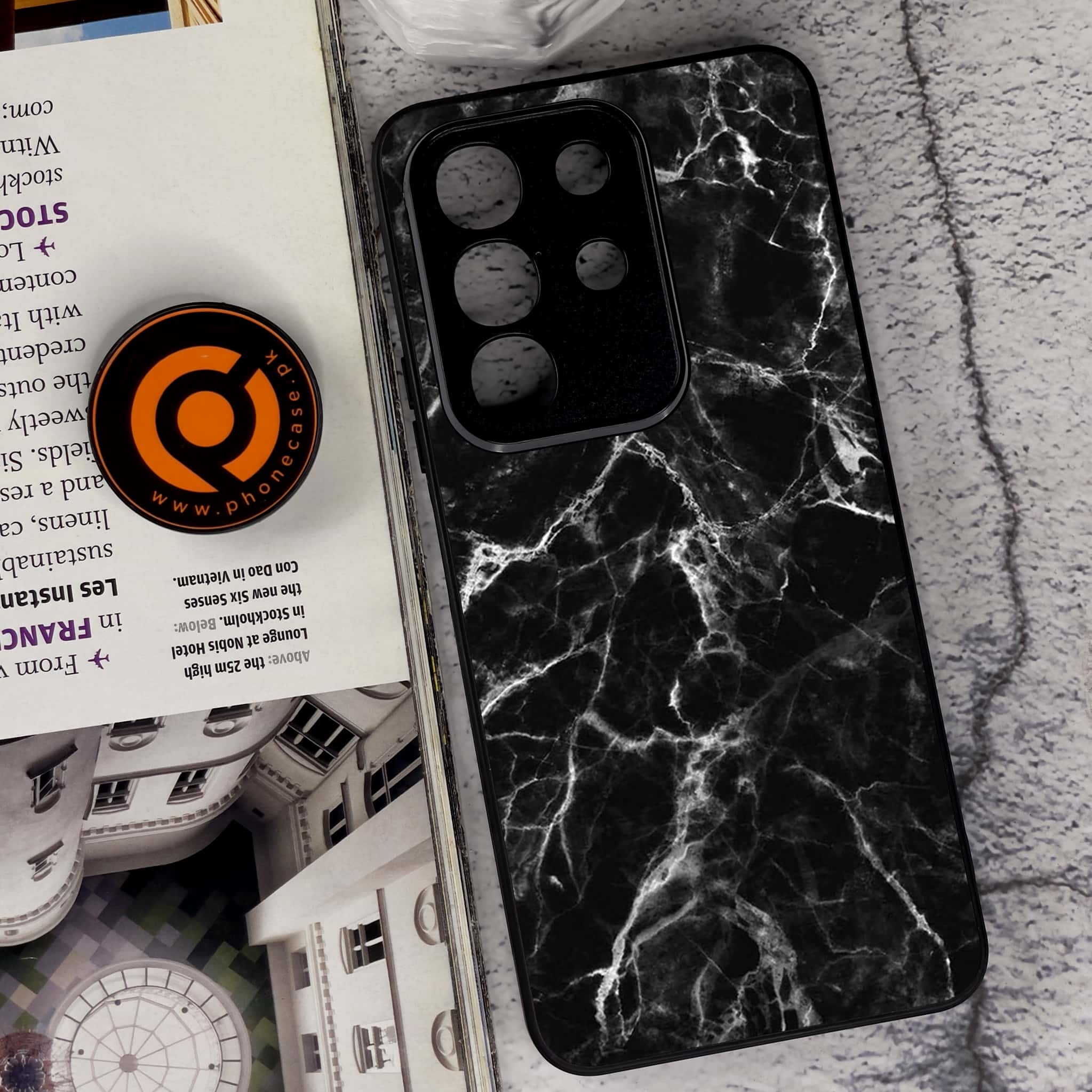 Vivo Y29 4G - Black Marble Series - Premium Metal Printed soft Bumper Shock Proof Case