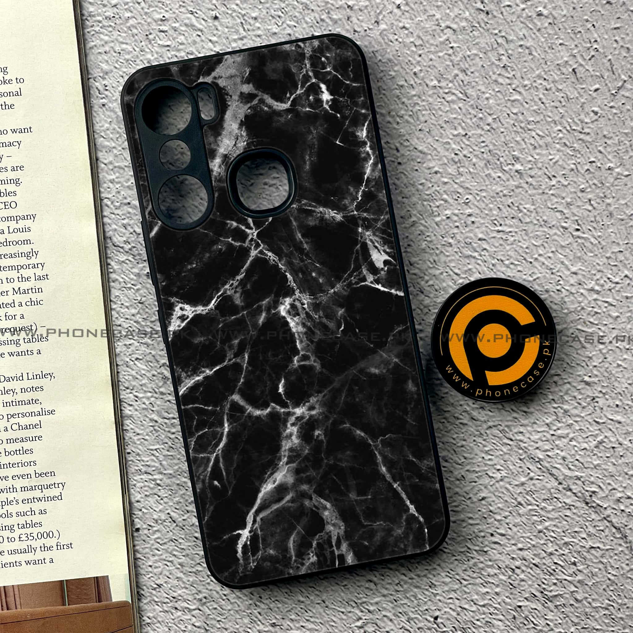 Infinix Hot 12 Pro - Black Marble Series - Premium Printed Glass soft Bumper shock Proof Case