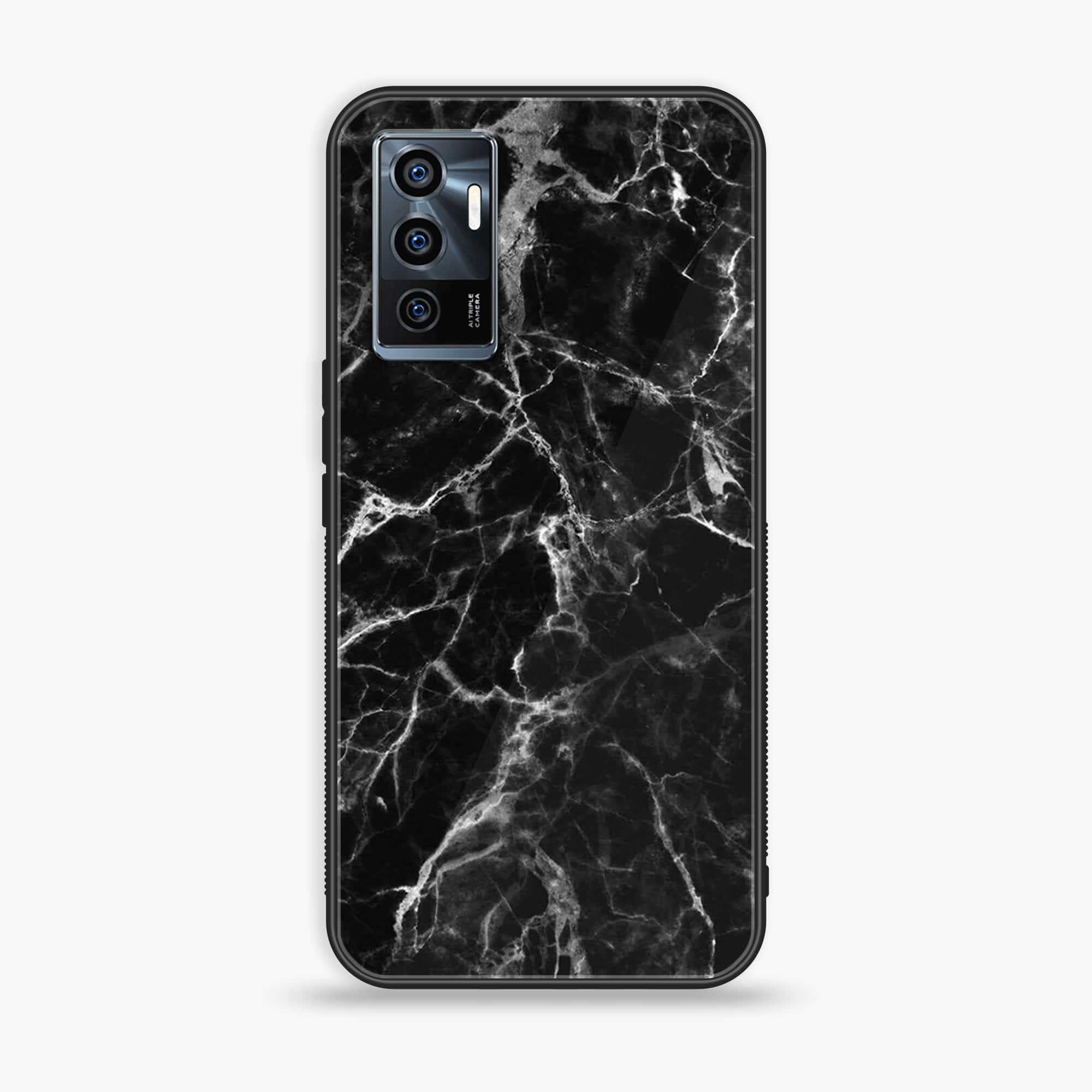 Vivo V23e - Black Marble Series - Premium Printed Glass soft Bumper shock Proof Case