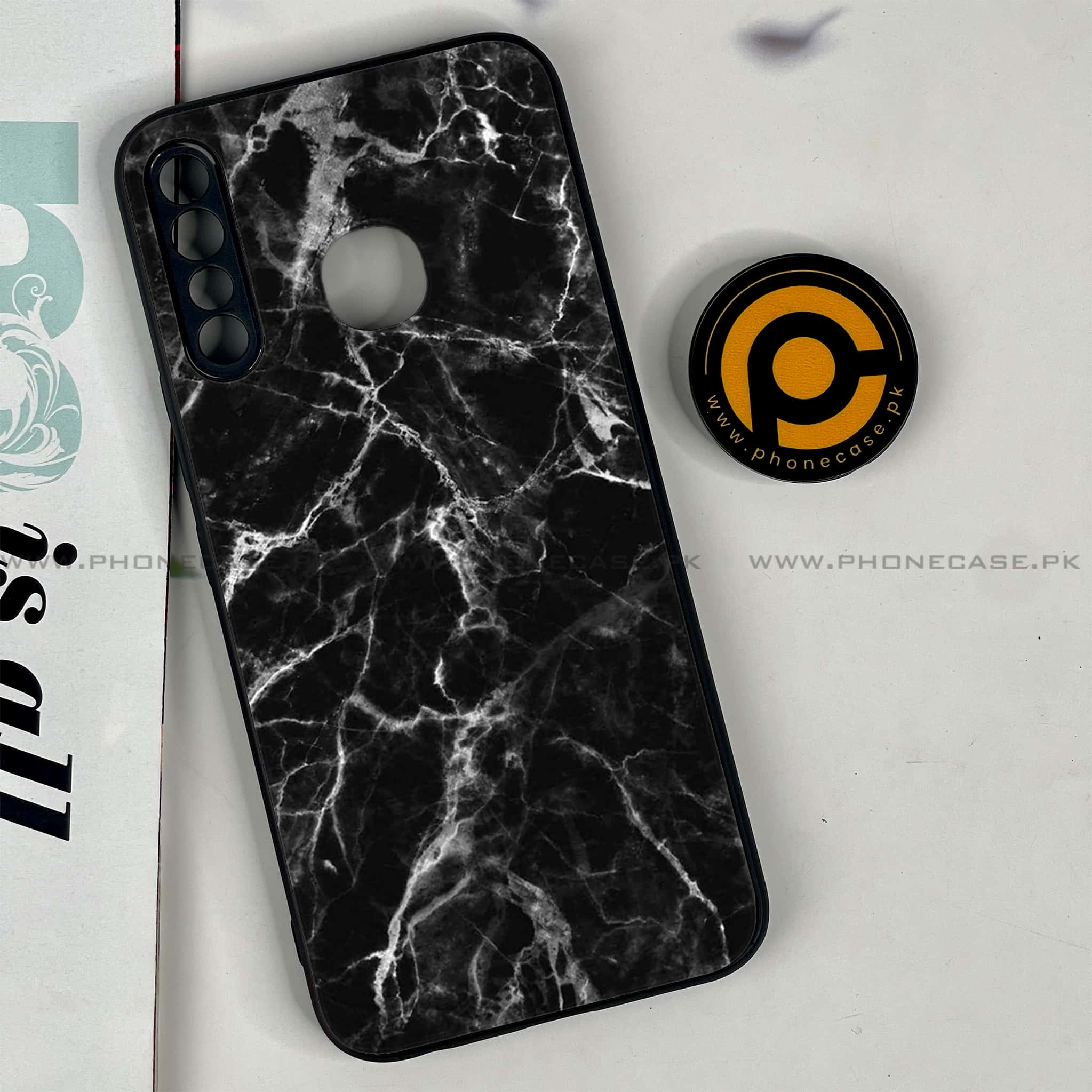 Infinix Hot 8 Lite - Black Marble Series - Premium Printed Glass soft Bumper shock Proof Case