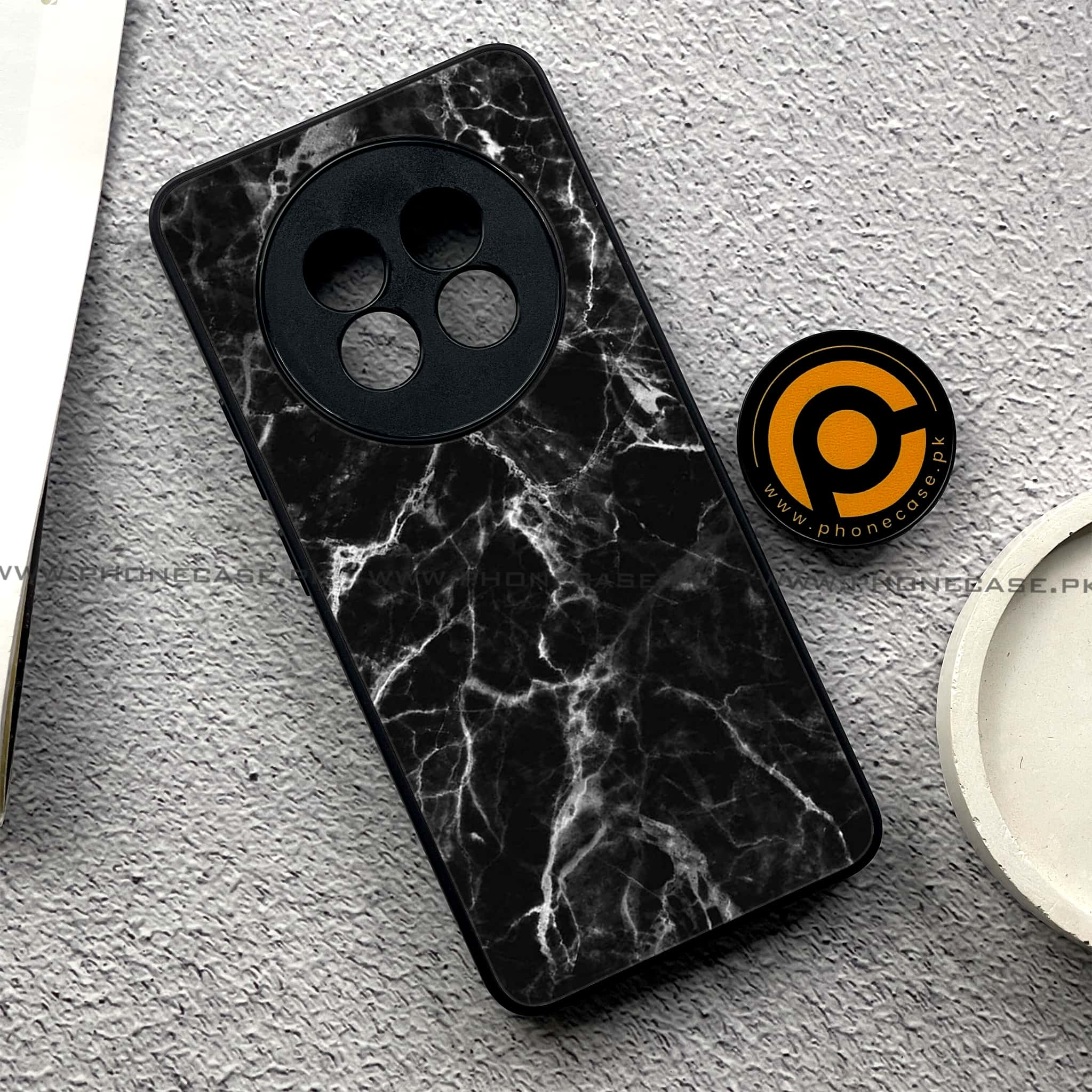 Realme 13 Plus - Black Marble Series - Premium Printed Glass soft Bumper shock Proof Case