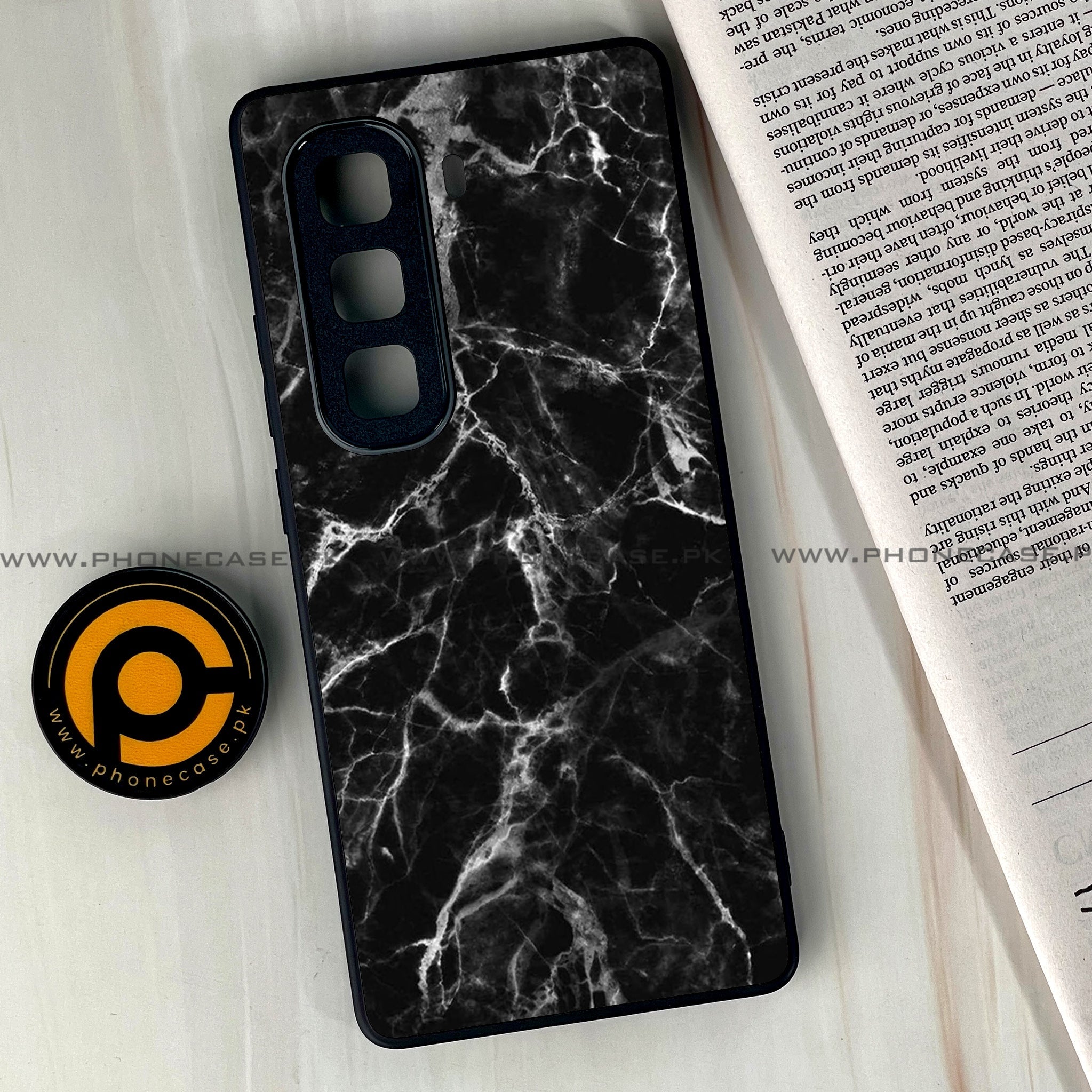 Infinix Hot 60i - Black Marble Series - Premium Metal Printed soft Bumper shock Proof Case