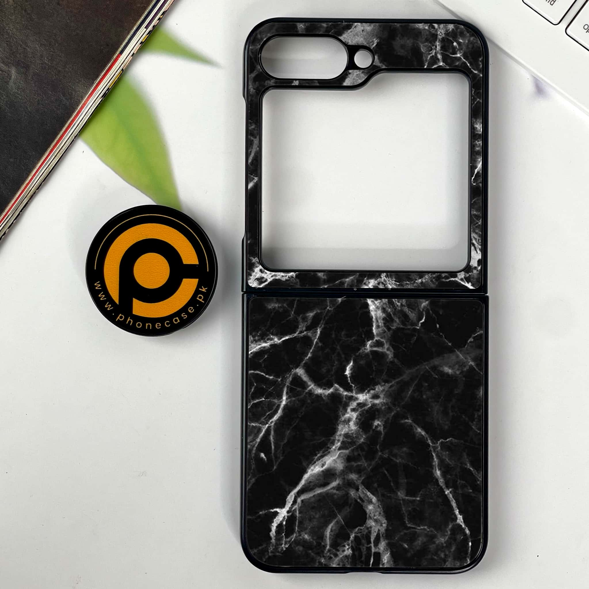 Galaxy Z Flip 6 - Black Marble Series - Premium Printed Glass soft Bumper shock Proof Case