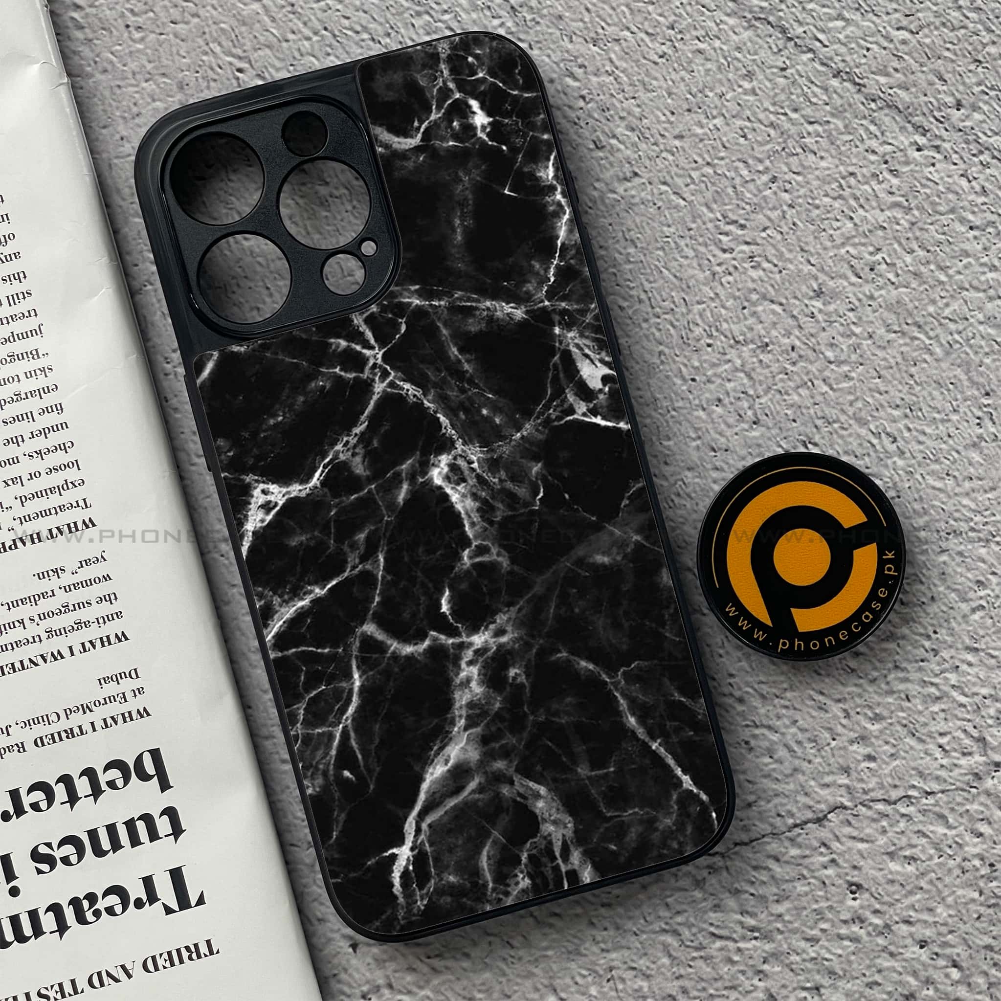 iPhone 15 Pro - Black Marble Series - Premium Metal Printed soft Bumper shock Proof Case