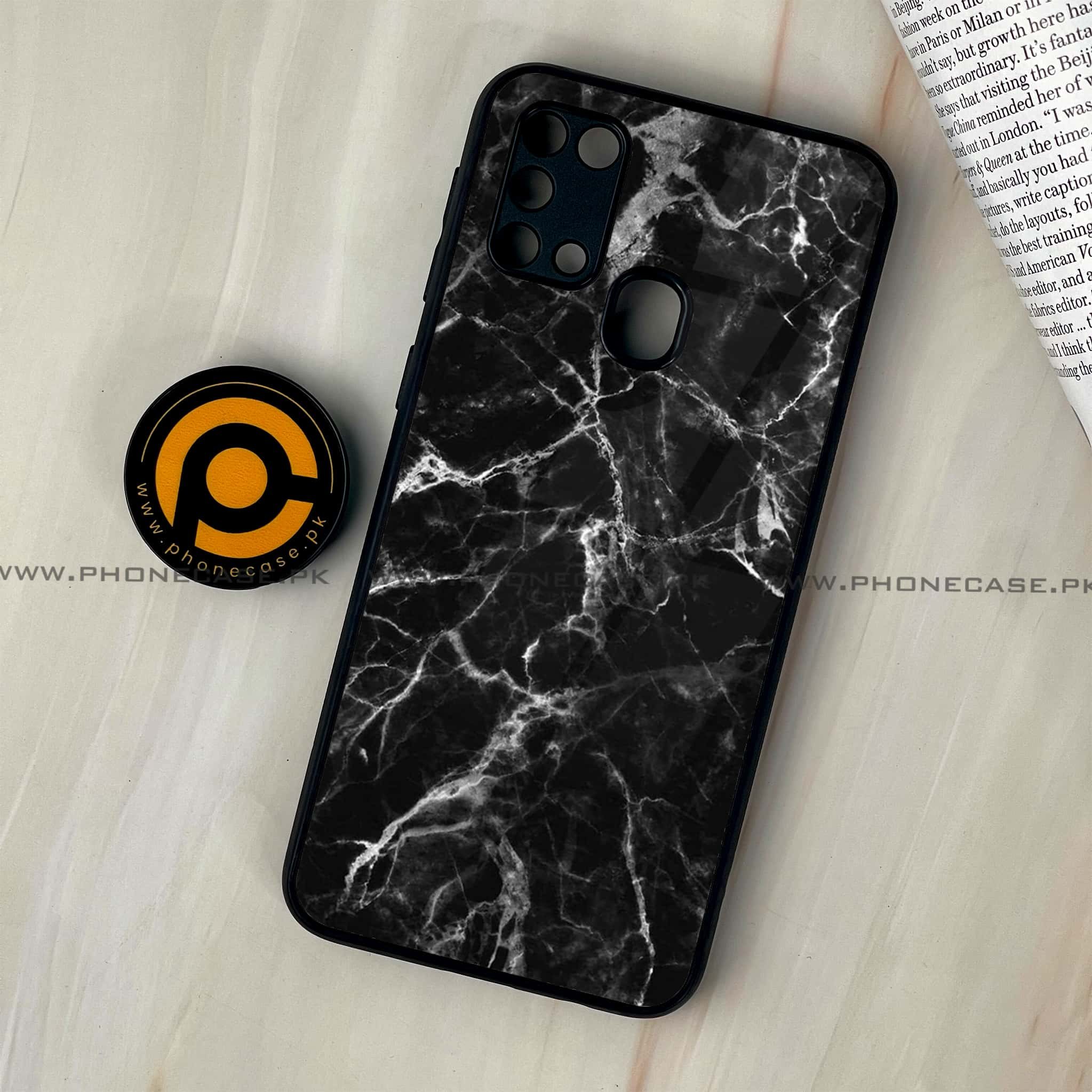 Galaxy M31 - Black Marble Series - Premium Printed Glass soft Bumper shock Proof Case