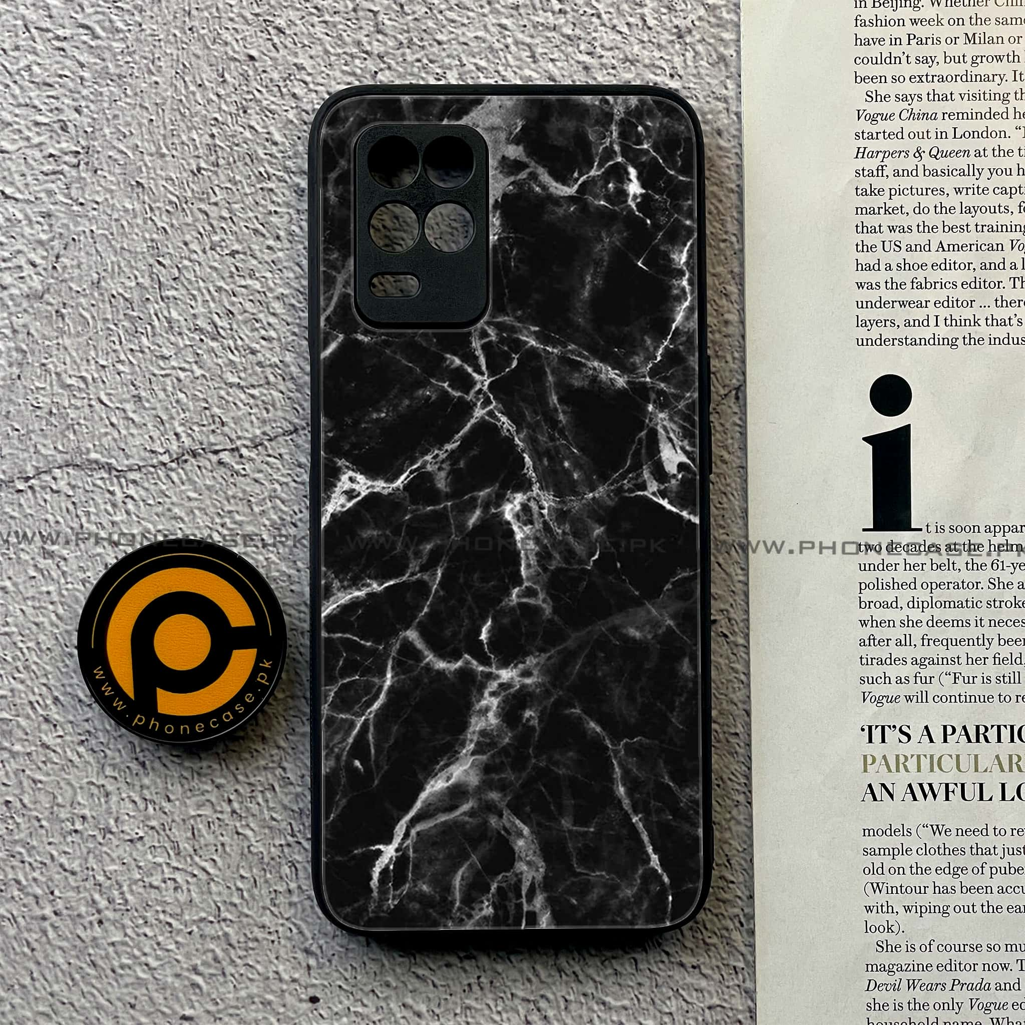 Realme Narzo 30 5G - Black Marble Series - Premium Printed Glass soft Bumper shock Proof Case