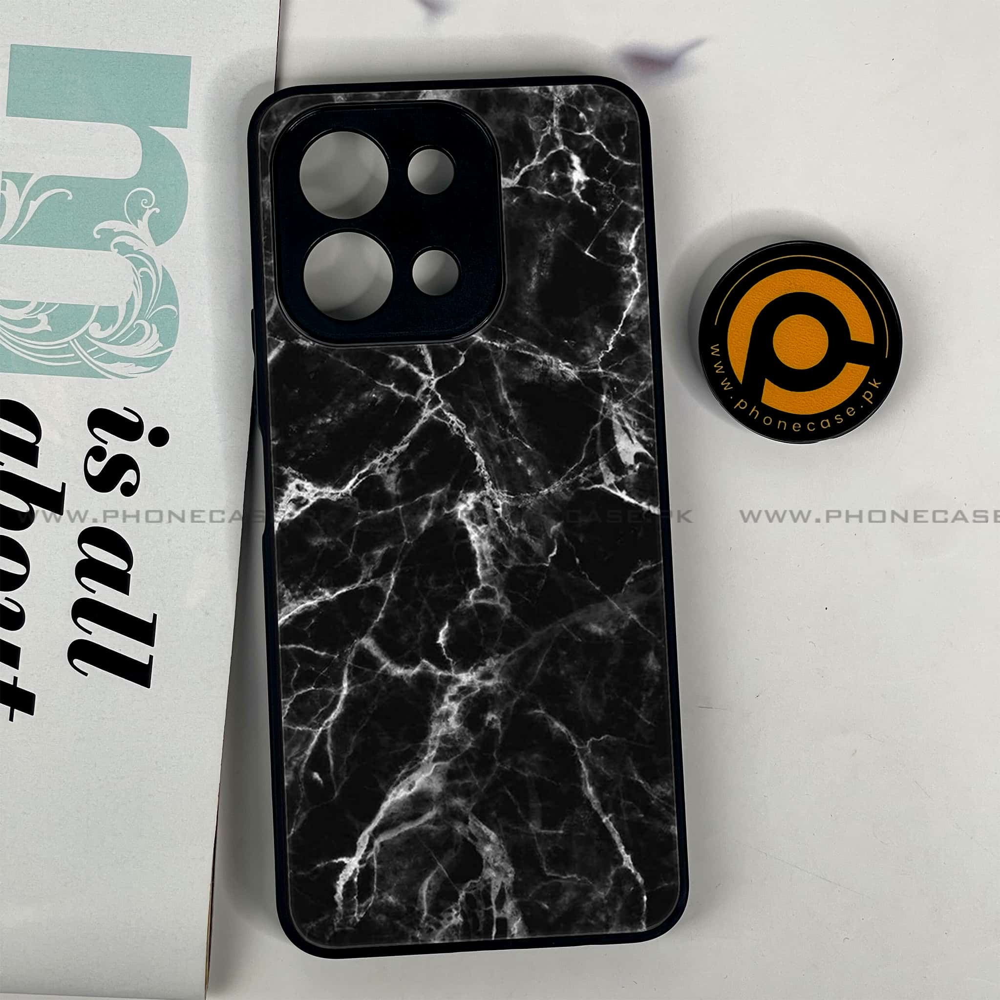 Vivo Y28 - Black Marble Series - Premium Printed Glass soft Bumper shock Proof Case