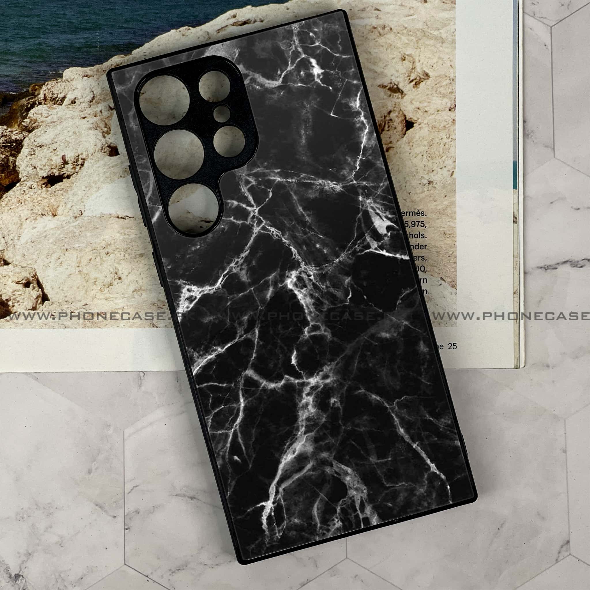 Samsung Galaxy S24 Ultra - Black Marble Series - Premium Printed Glass soft Bumper shock Proof Case