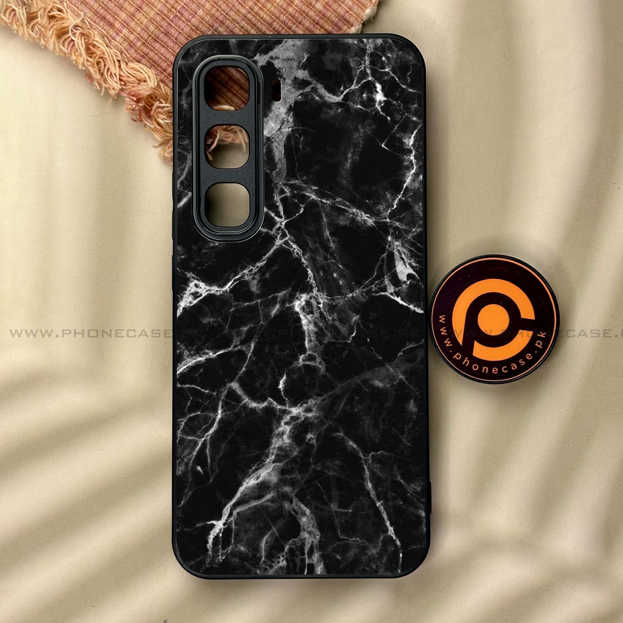 Infinix Hot 60 Pro - Black Marble Series - Premium Metal Printed soft Bumper shock Proof Case