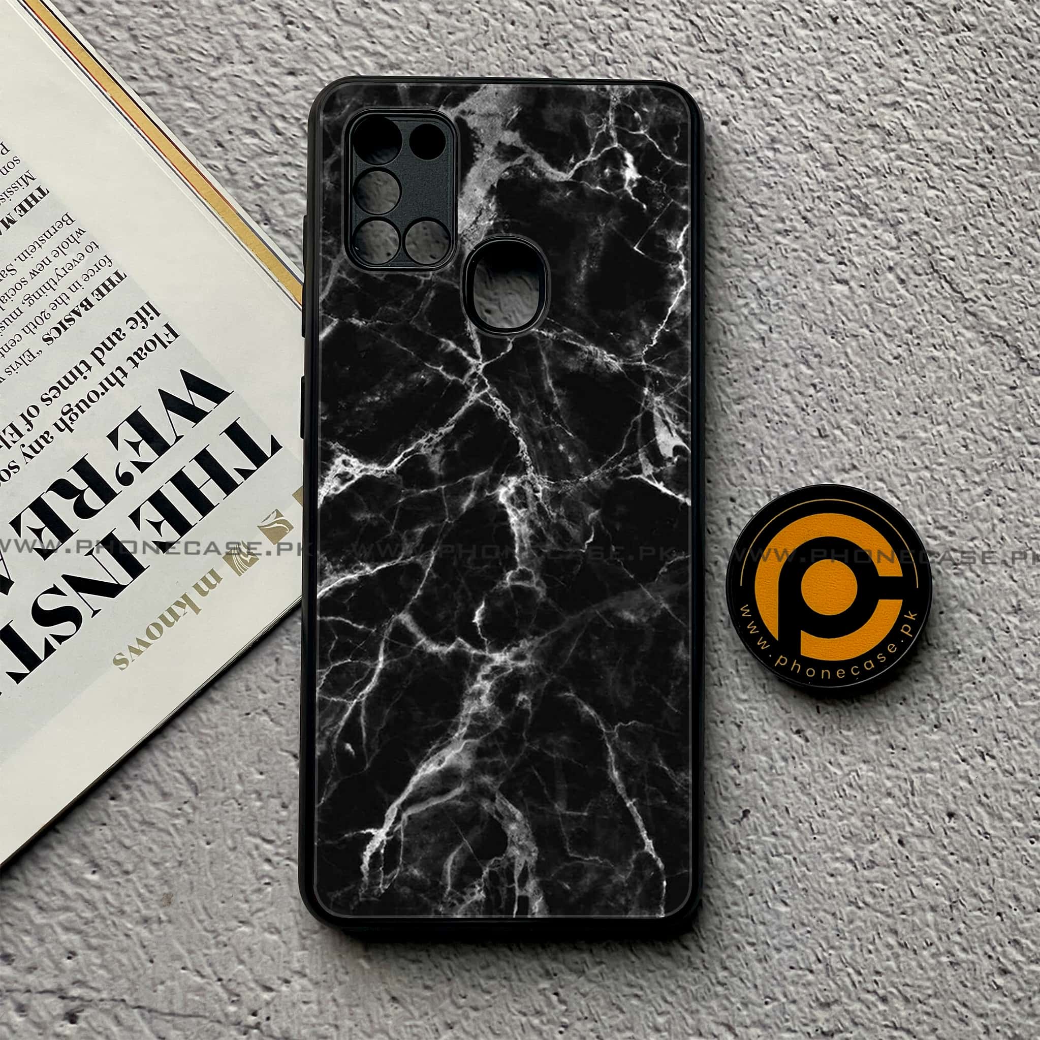 Samsung Galaxy A21s - Black Marble Series - Premium Printed Glass soft Bumper shock Proof Case