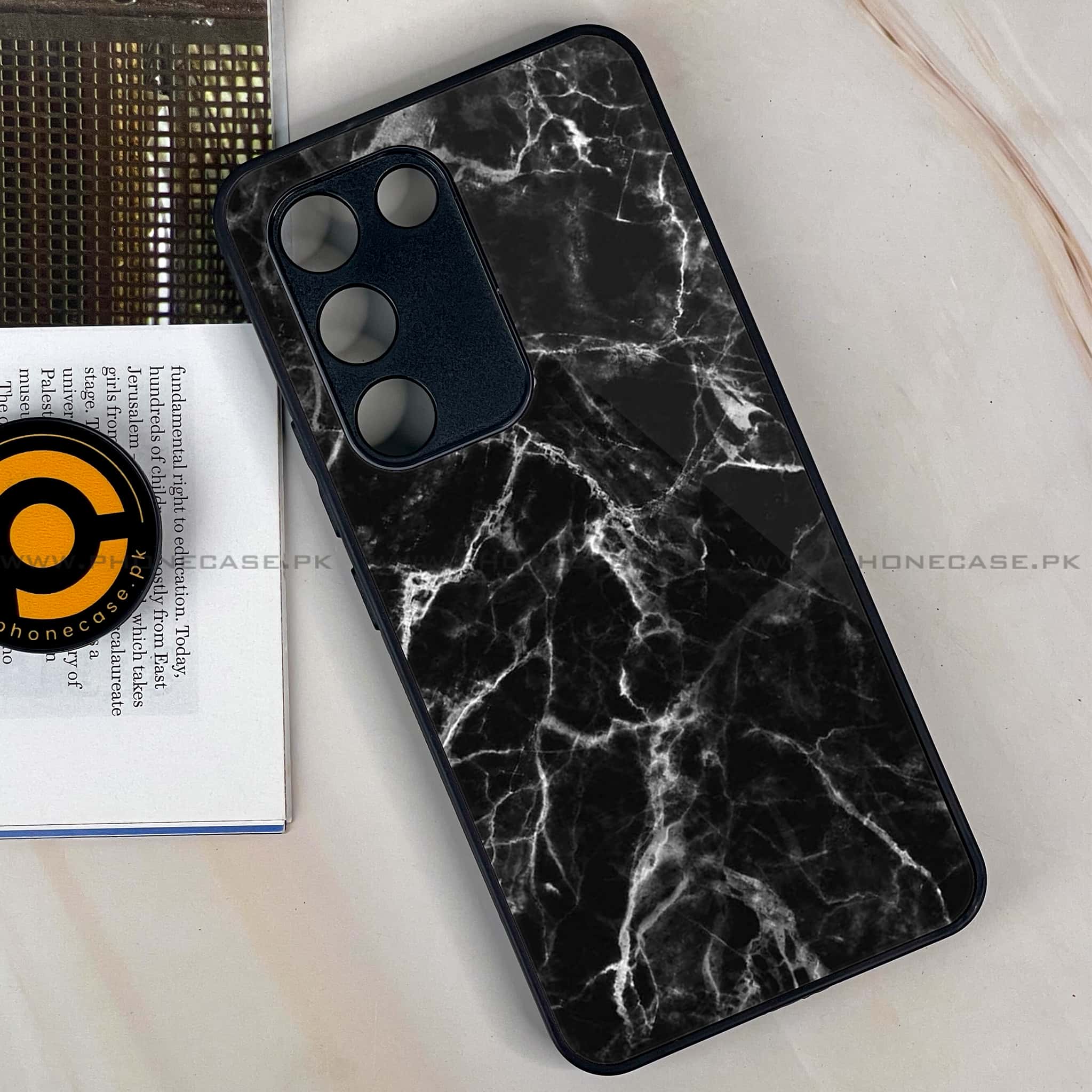 Vivo Y200e - Black Marble Series - Premium Metal Printed soft Bumper shock Proof Case