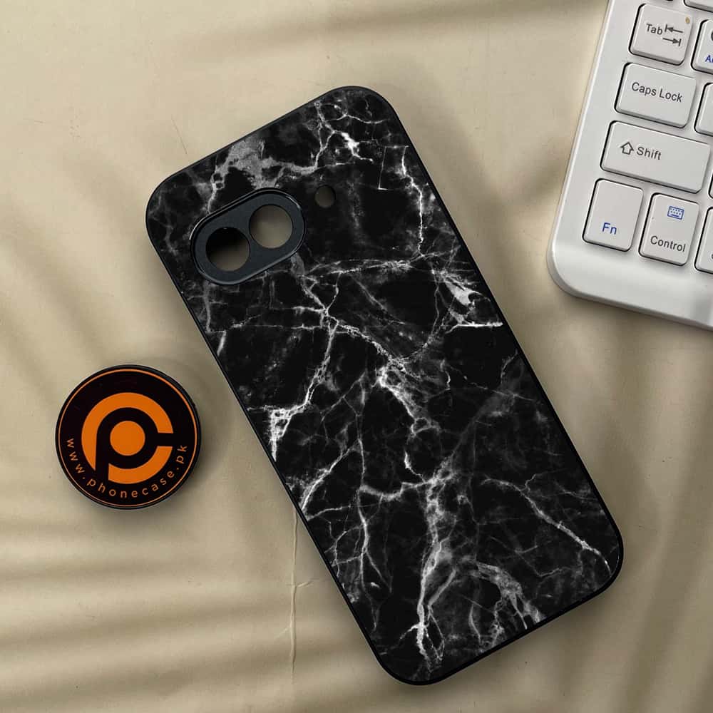 Google Pixel 9a - Black Marble Series - Premium Metal Printed soft Bumper Shock Proof Case