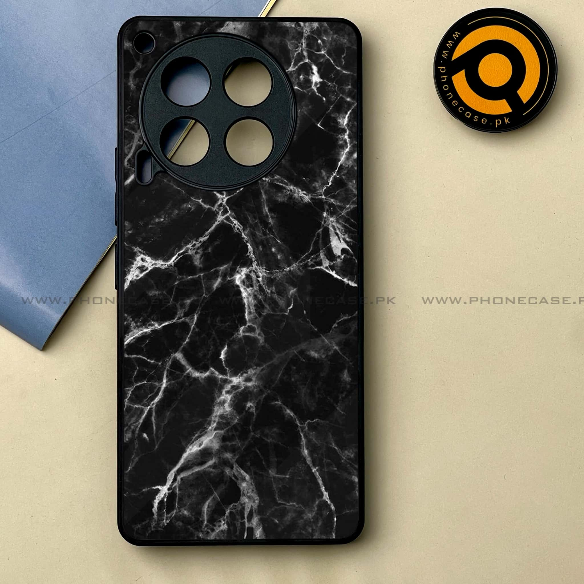 Tecno Camon 30 - Black Marble Series -  Premium Printed Metal soft Bumper shock Proof Case