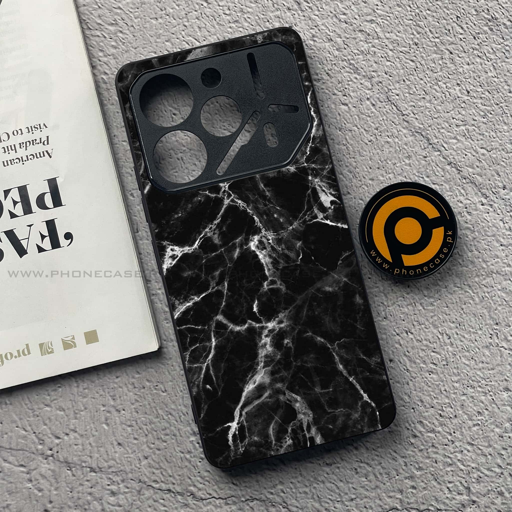 Tecno Pova 6 Pro - Black Marble Series - Premium Printed Glass soft Bumper shock Proof Case