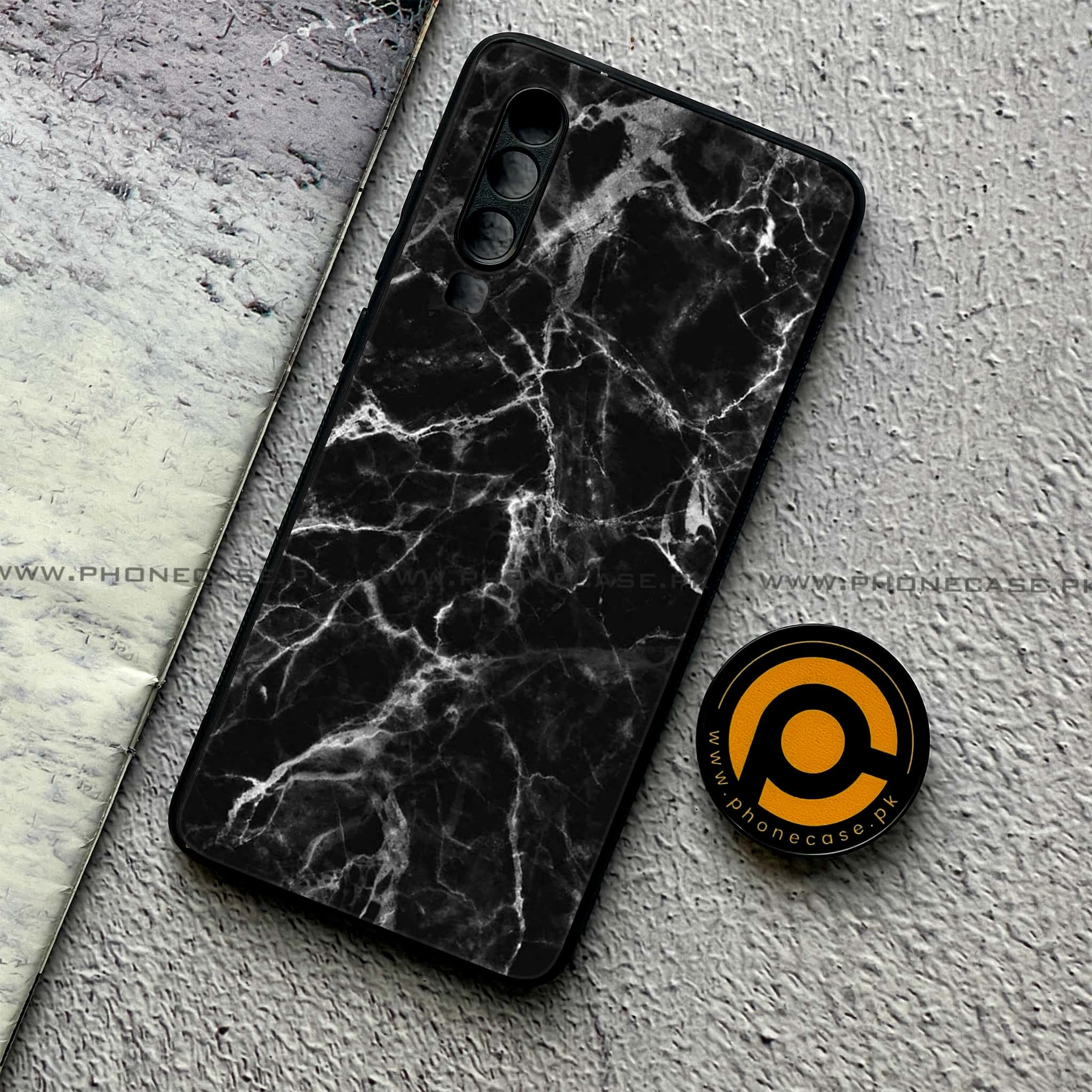 Huawei P30 - Black Marble Series - Premium Printed Glass soft Bumper shock Proof Case