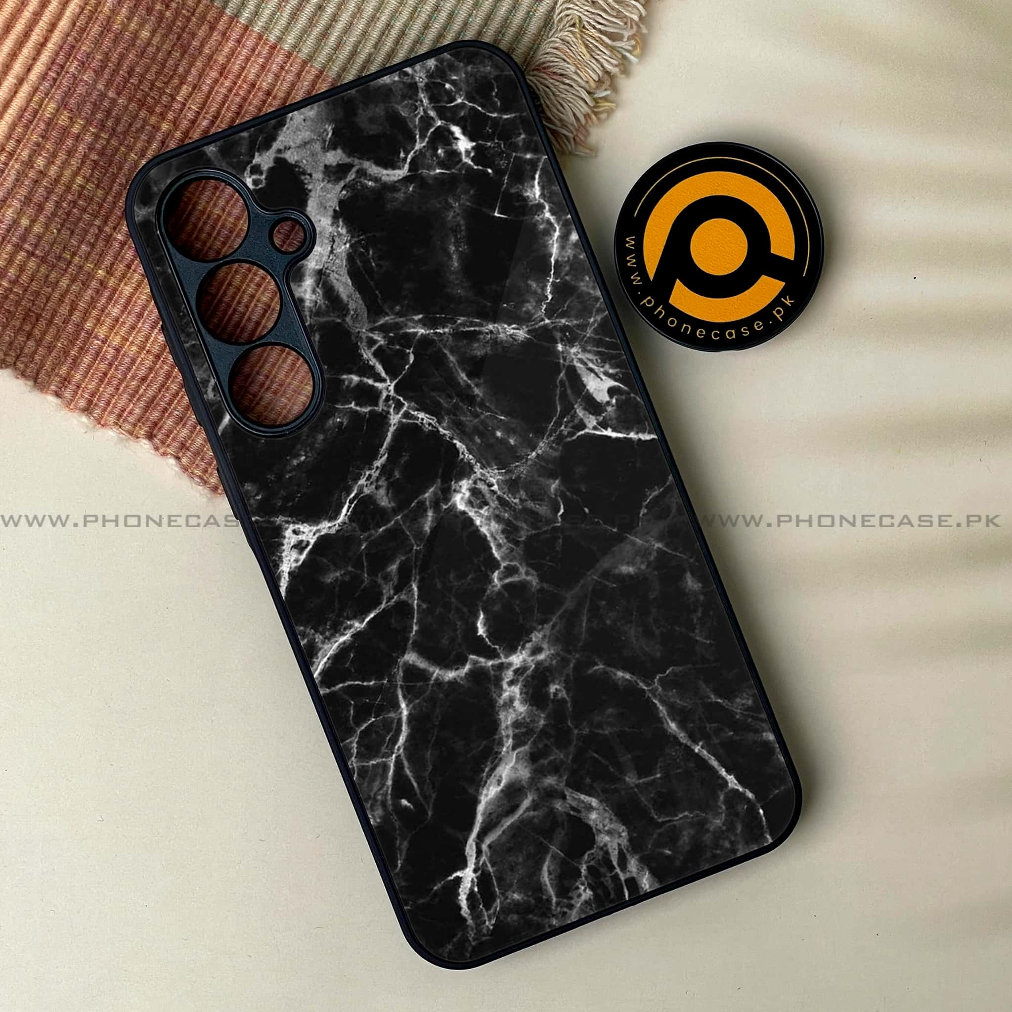 Samsung Galaxy A25 - Black Marble Series - Premium Printed Glass soft Bumper shock Proof Case