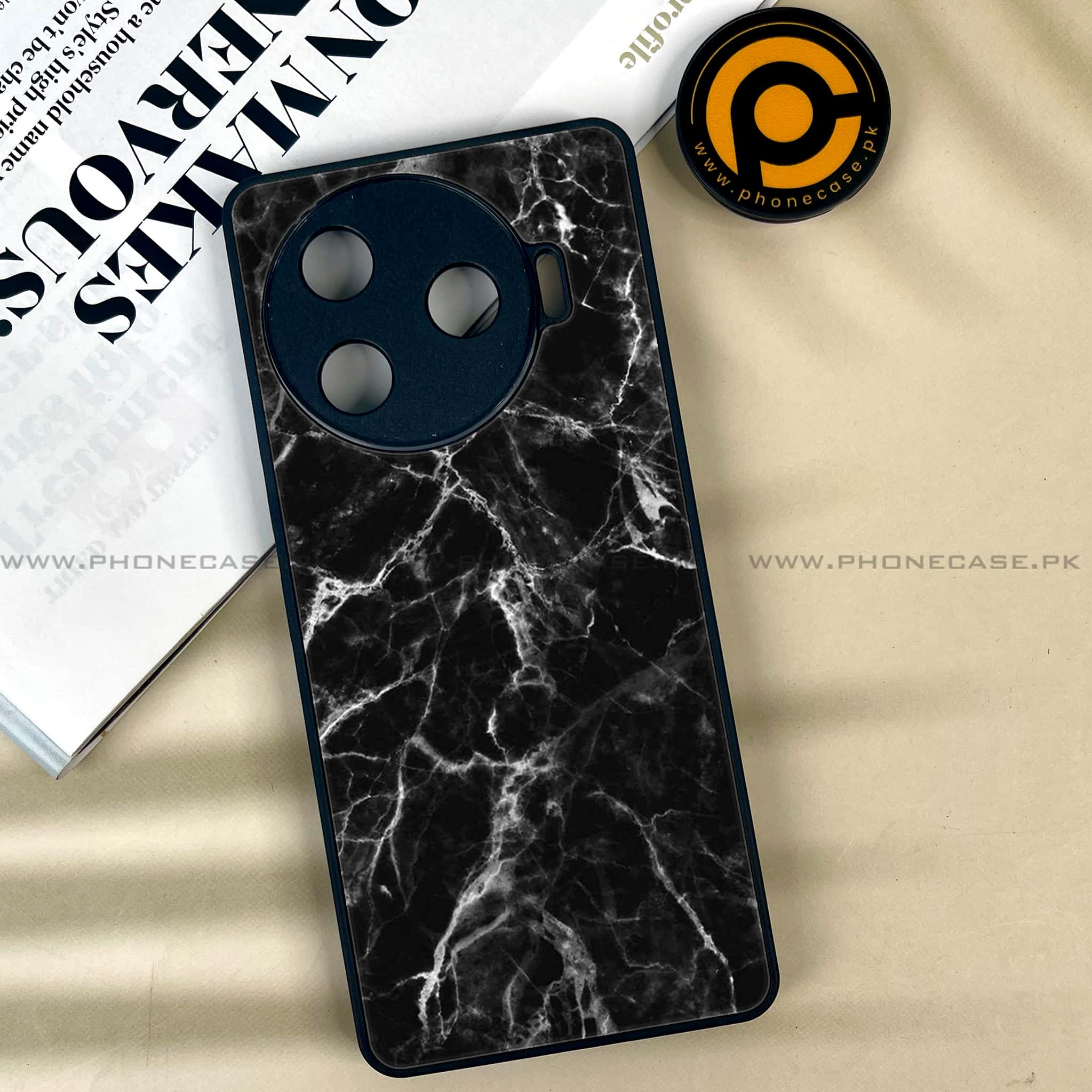 Tecno Camon 30 Pro - Black Marble Series - Premium Printed Glass soft Bumper shock Proof Case