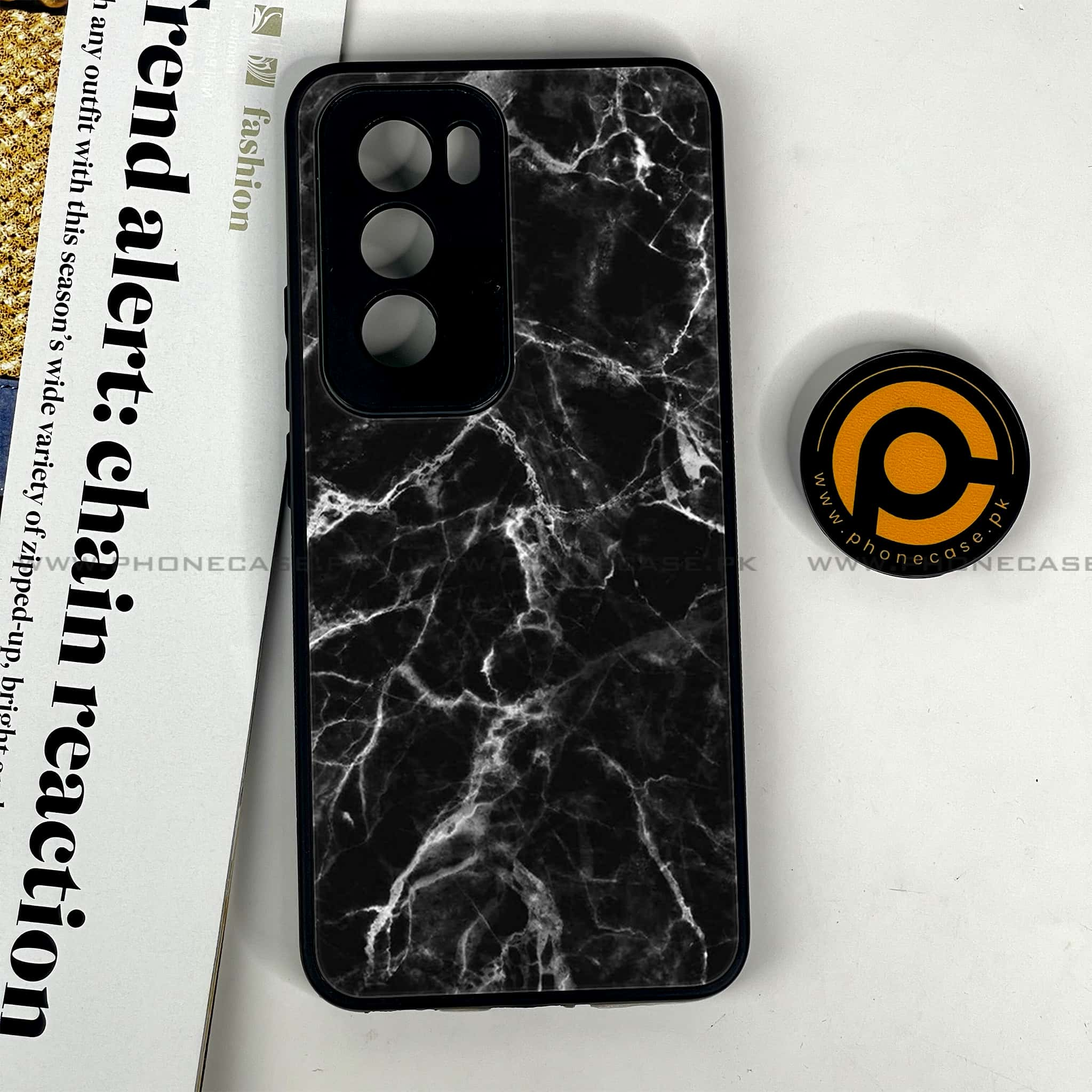 Oppo Reno 12 5G - Black Marble Series - Premium Printed Glass soft Bumper shock Proof Case