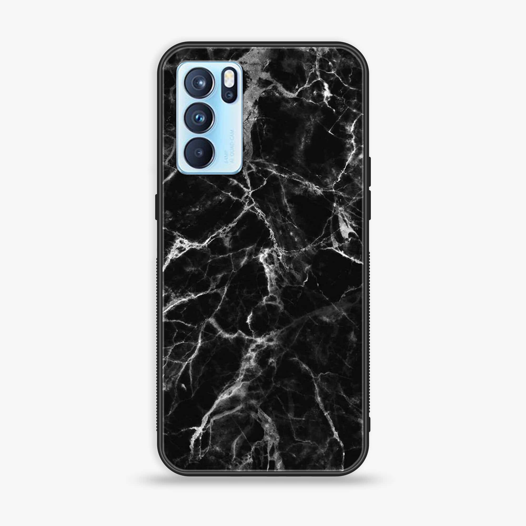 Oppo Reno 6 Pro - Black Marble Series - Premium Printed Glass soft Bumper shock Proof Case